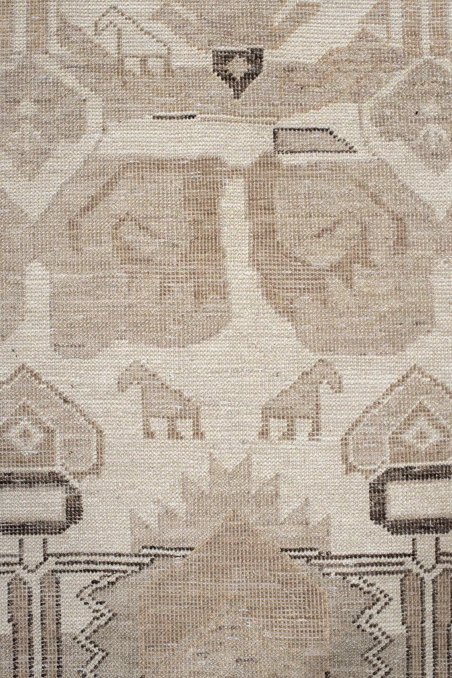 8' x 10' one-of-a-kind handmade vintage Kars large size rug. Color palette: ivory, taupe, beige, camel, charcoal, gray