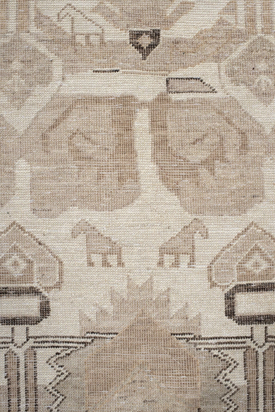 8' x 10' one-of-a-kind handmade vintage Kars large size rug. Color palette: ivory, taupe, beige, camel, charcoal, gray