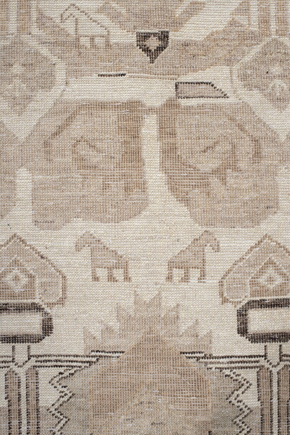 8' x 10' one-of-a-kind handmade vintage Kars large size rug. Color palette: ivory, taupe, beige, camel, charcoal, gray
