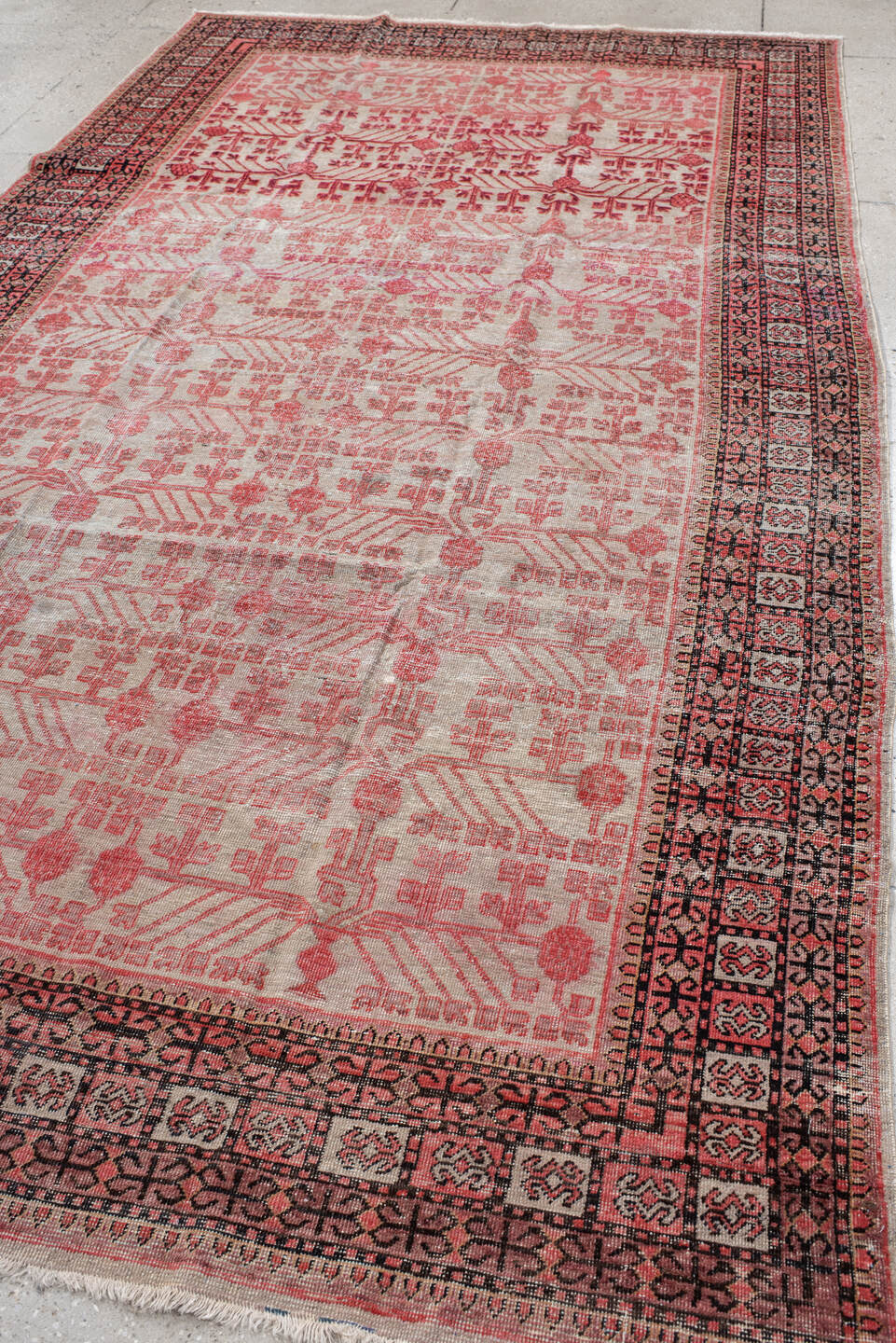 6' x 11' one-of-a-kind handmade vintage Khotan large size rug. Color palette: rose, ivory, charcoal, crimson, blush, taupe