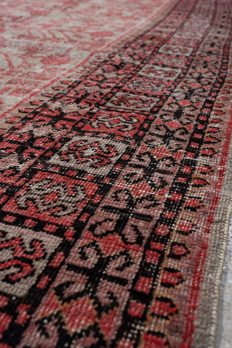 6' x 11' one-of-a-kind handmade vintage Khotan large size rug. Color palette: rose, ivory, charcoal, crimson, blush, taupe