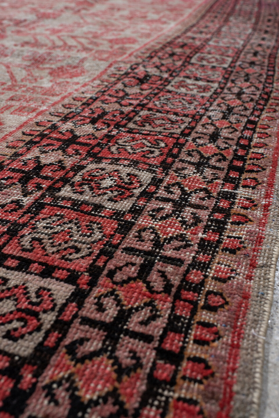 6' x 11' one-of-a-kind handmade vintage Khotan large size rug. Color palette: rose, ivory, charcoal, crimson, blush, taupe