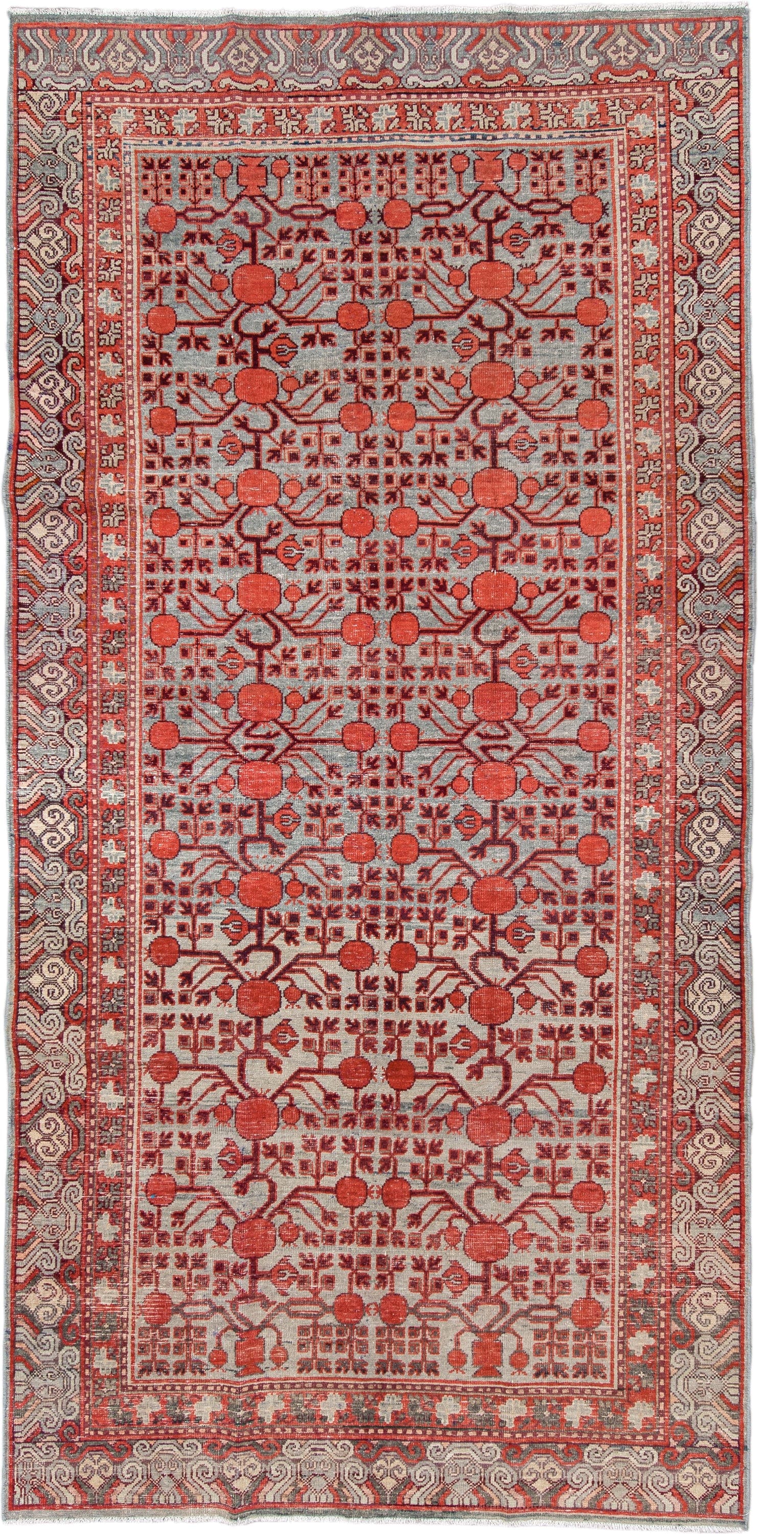 5' x 11' one-of-a-kind handmade vintage Khotan rug. Color palette: coral, ivory, slate, burgundy, rose, charcoal, terracotta