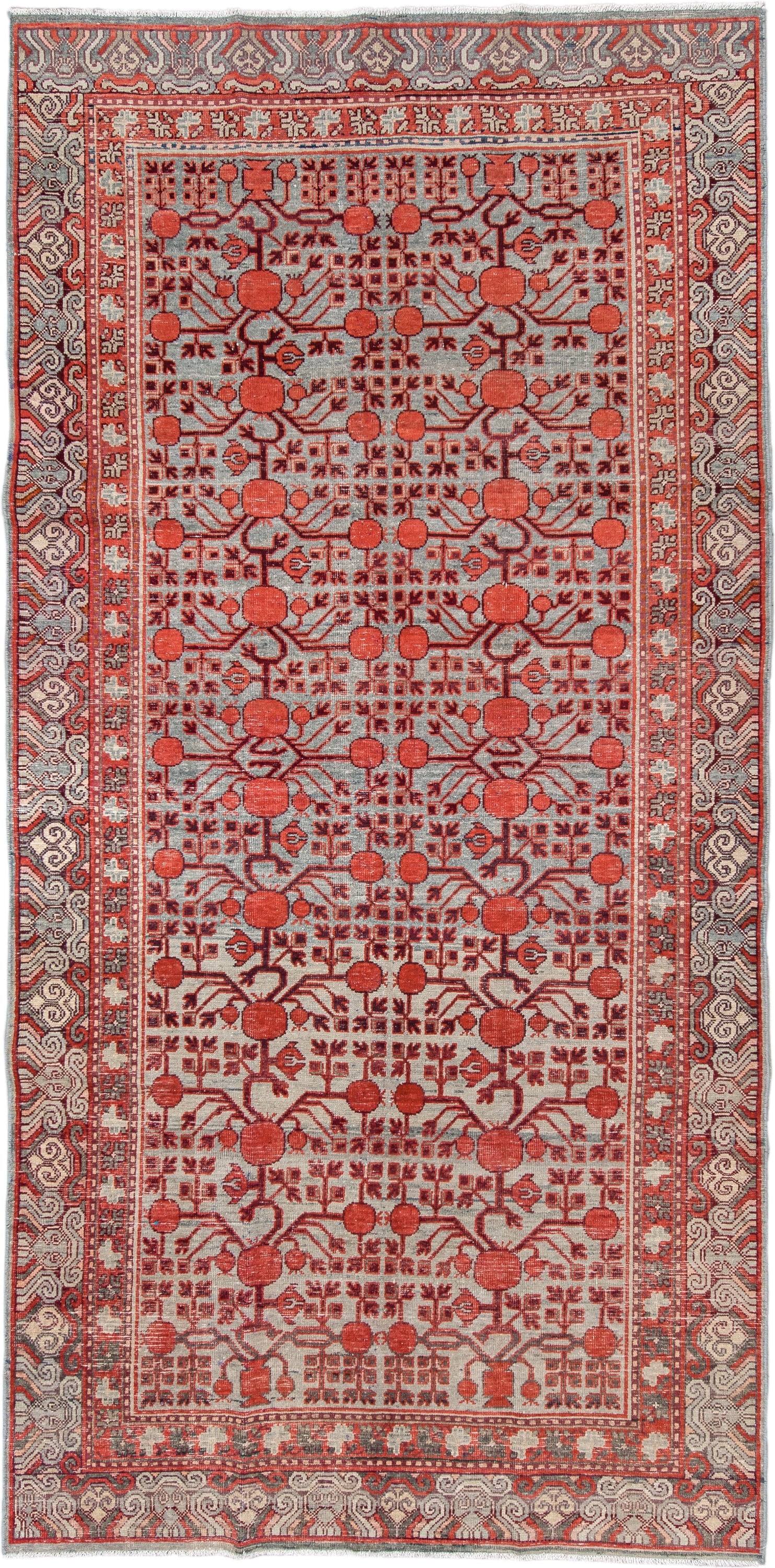 5' x 11' one-of-a-kind handmade vintage Khotan rug. Color palette: coral, ivory, slate, burgundy, rose, charcoal, terracotta