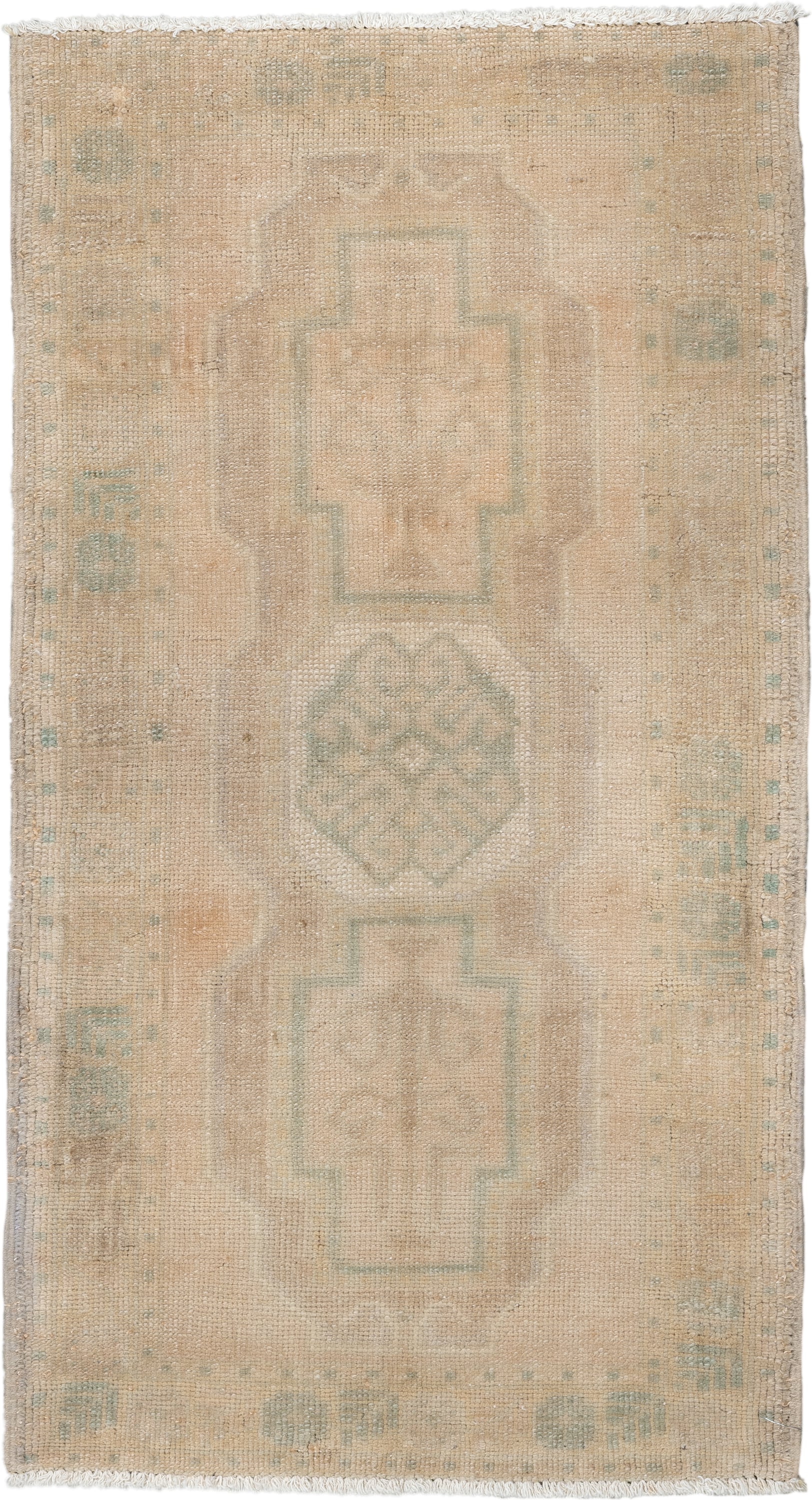 1' x 3' one-of-a-kind handmade vintage Anatolian small size rug. Color palette: beige, ivory, sage, taupe, sand, green, gray
