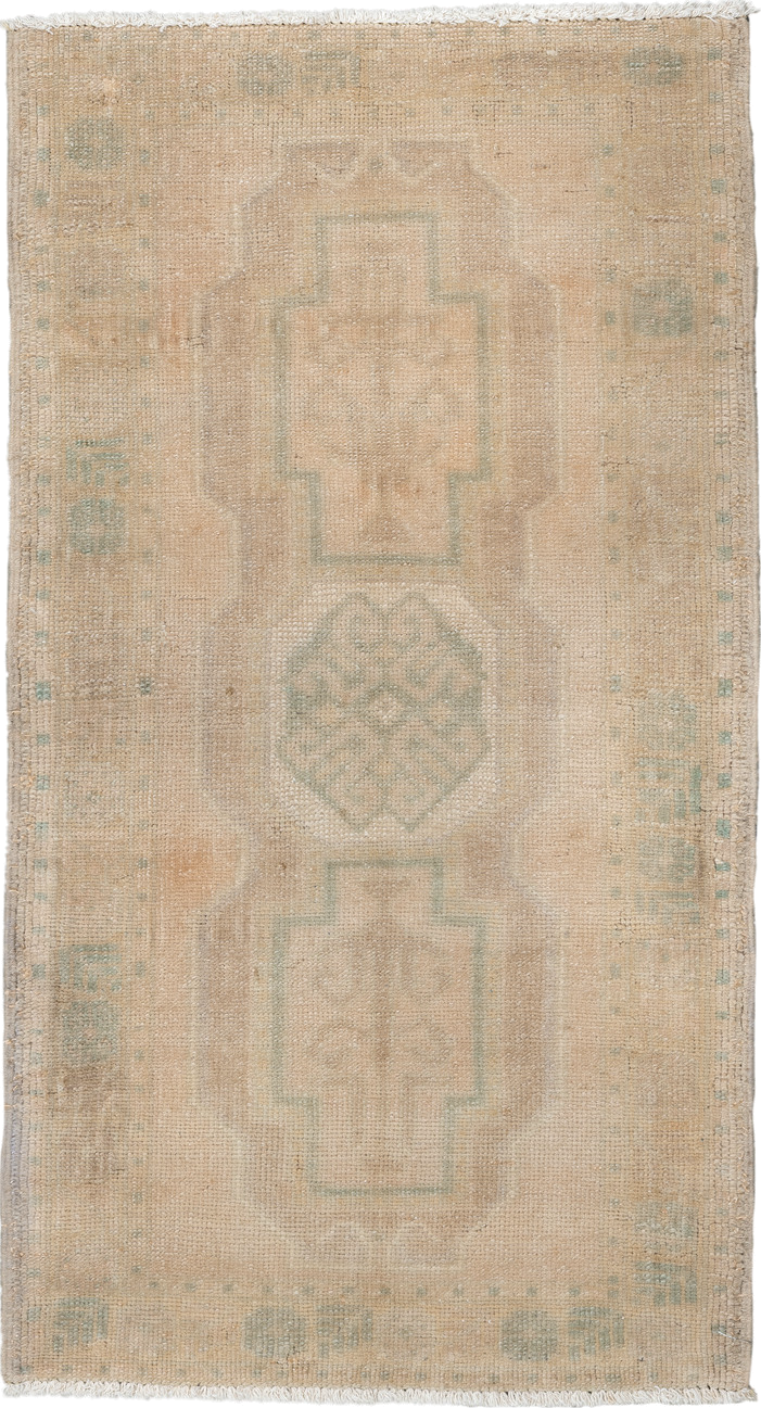 1' x 3' one-of-a-kind handmade vintage Anatolian small size rug. Color palette: brown, gray, light gray, off-white, orange