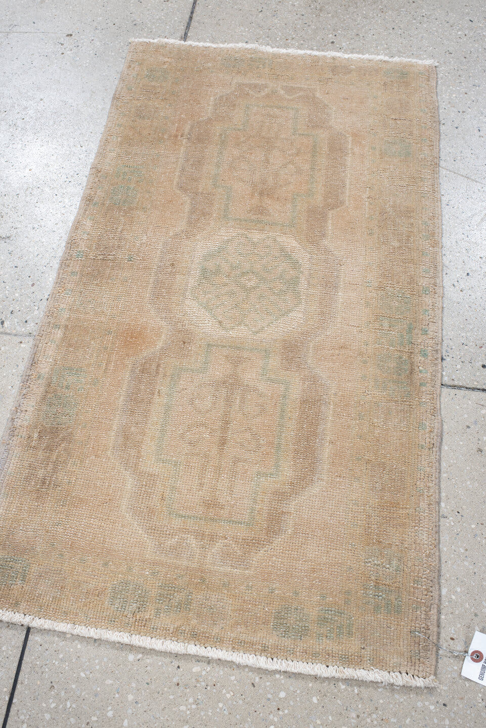 1' x 3' one-of-a-kind handmade vintage Anatolian small size rug. Color palette: beige, ivory, sage, taupe, sand, green, gray