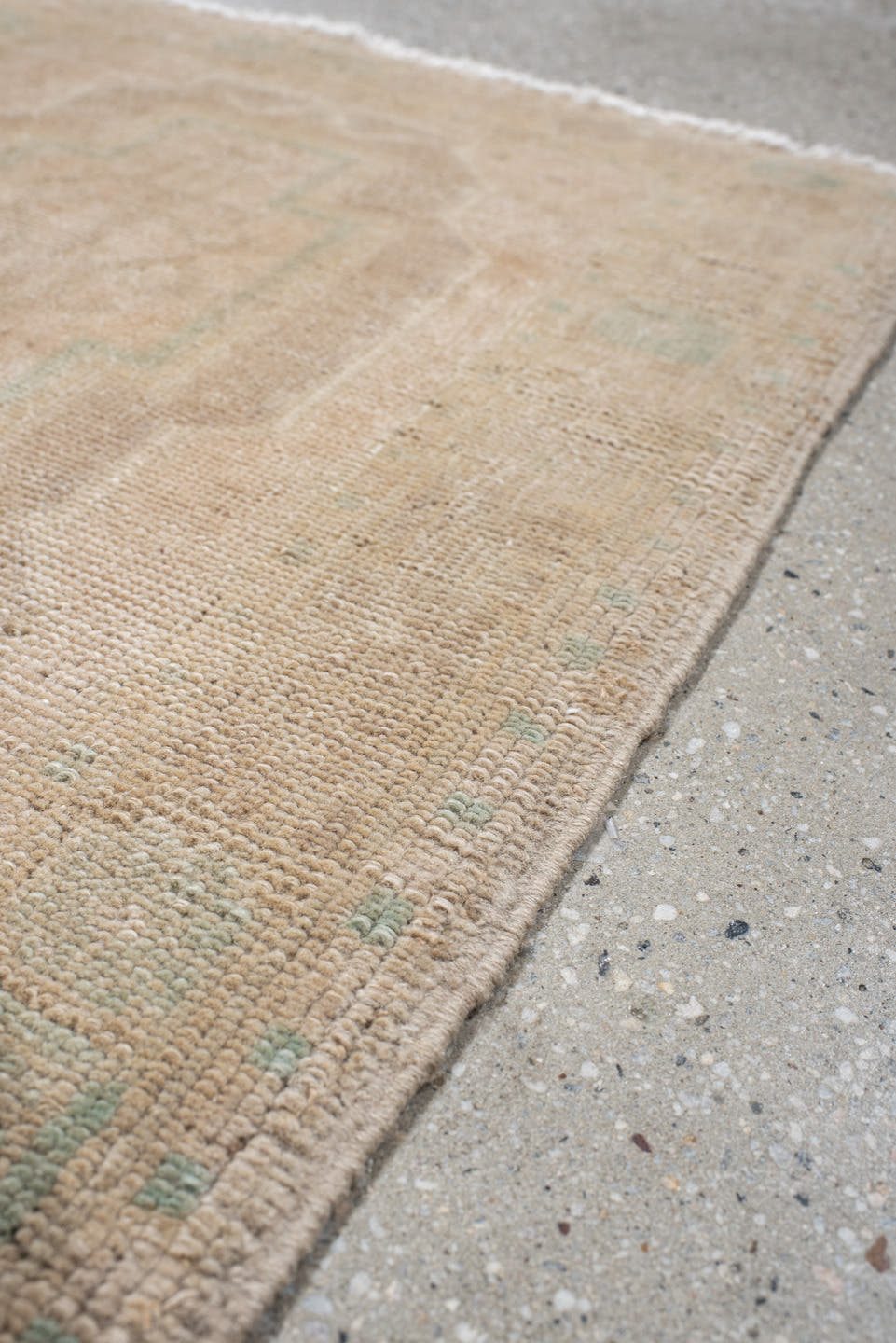 1' x 3' one-of-a-kind handmade vintage Anatolian small size rug. Color palette: beige, ivory, sage, taupe, sand, green, gray