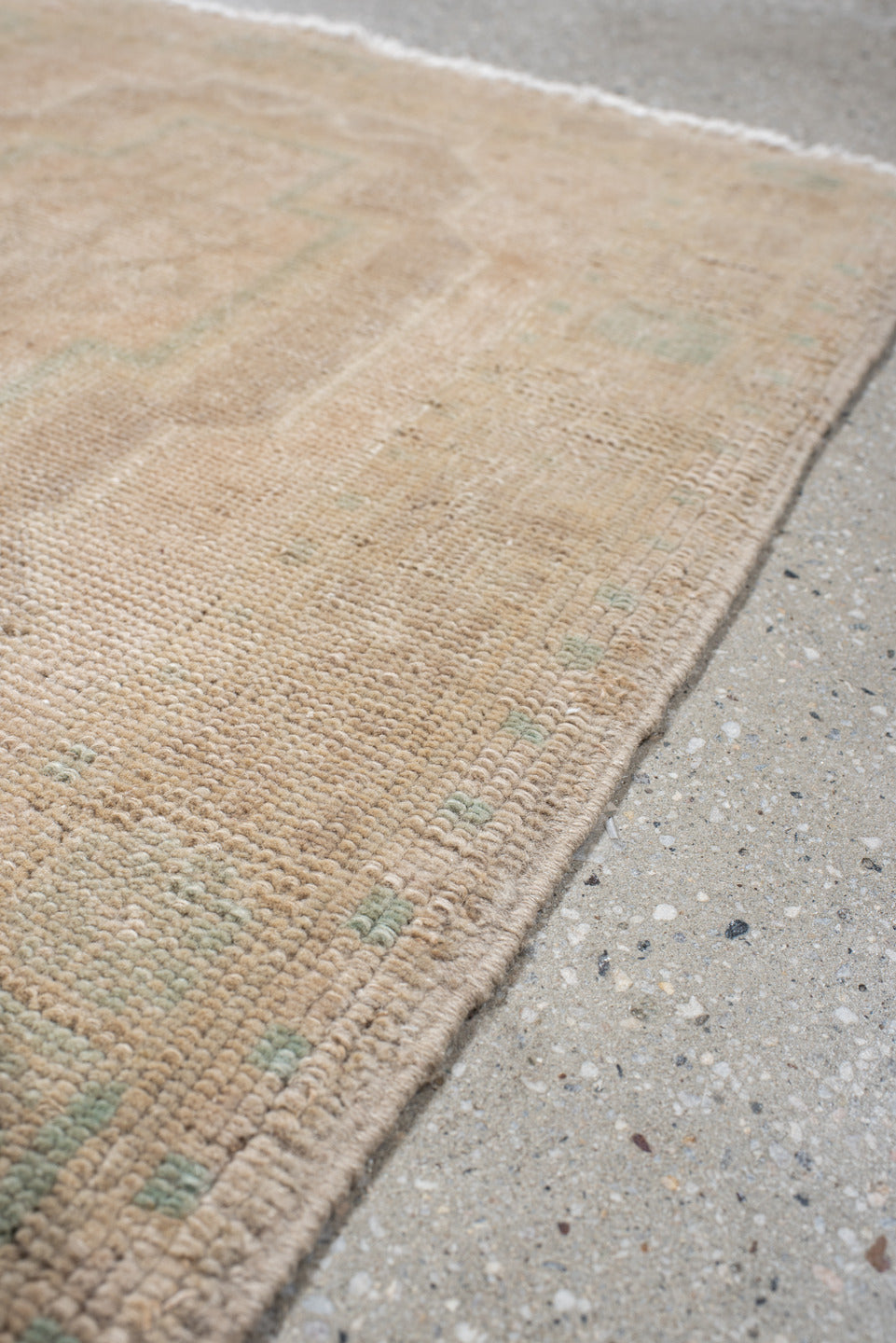 1' x 3' one-of-a-kind handmade vintage Anatolian small size rug. Color palette: beige, ivory, sage, taupe, sand, green, gray