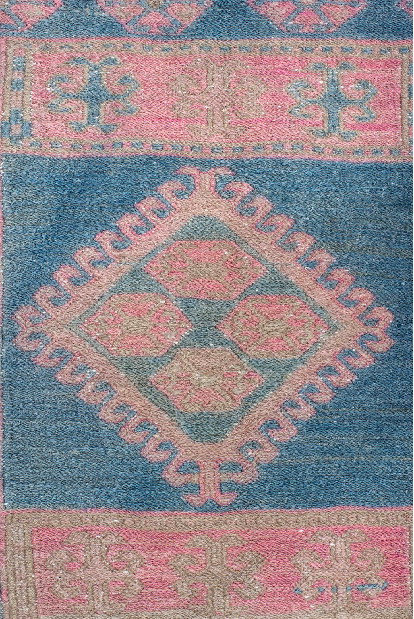 1' x 1' one-of-a-kind handmade vintage Sumak small size rug. Color palette: blue, rose, ivory, taupe, dusty pink, pink, red