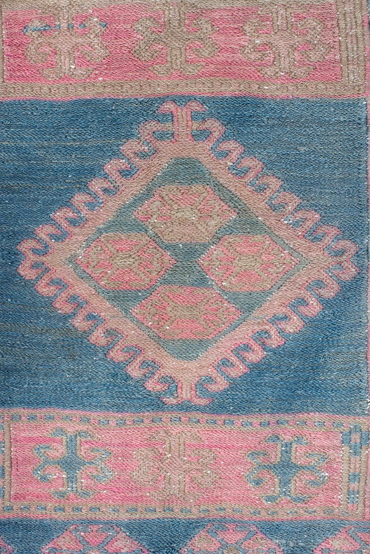 1' x 1' one-of-a-kind handmade vintage Sumak small size rug. Color palette: blue, rose, ivory, taupe, dusty pink, pink, red