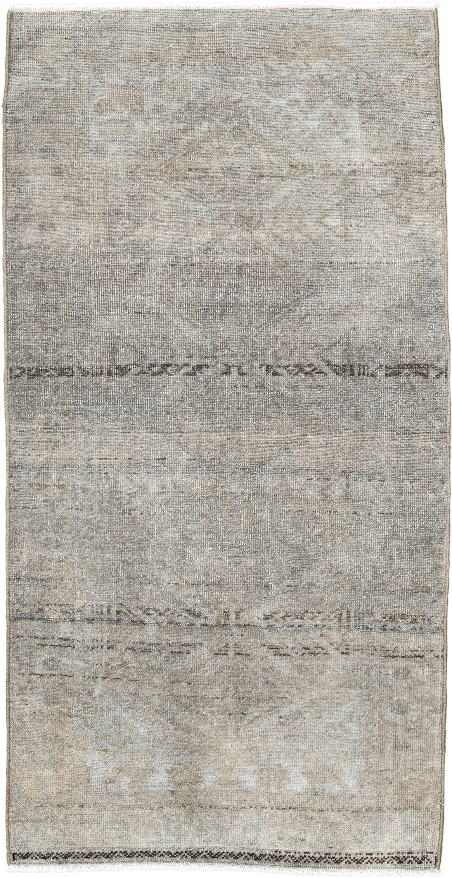 1' x 3' one-of-a-kind handmade antique Belouch small size rug. Color palette: ivory, taupe, beige, brown, gray