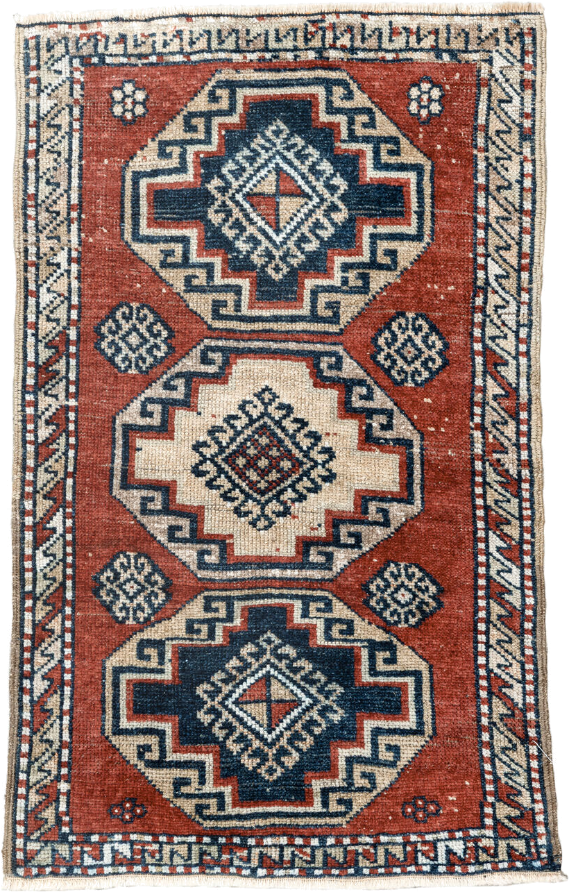 2' x 3' one-of-a-kind handmade vintage Anatolian small size rug. Color palette: rust, ivory, navy, crimson, terracotta