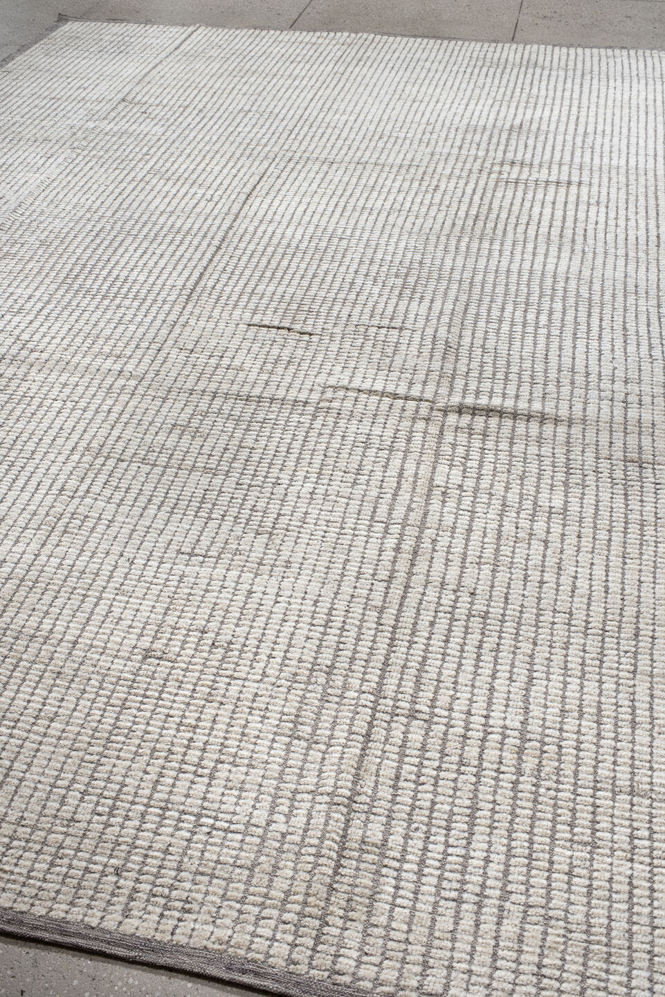 9' x 12' one-of-a-kind handmade vintage Tulu large size rug. Color palette: ivory, taupe, gray, beige