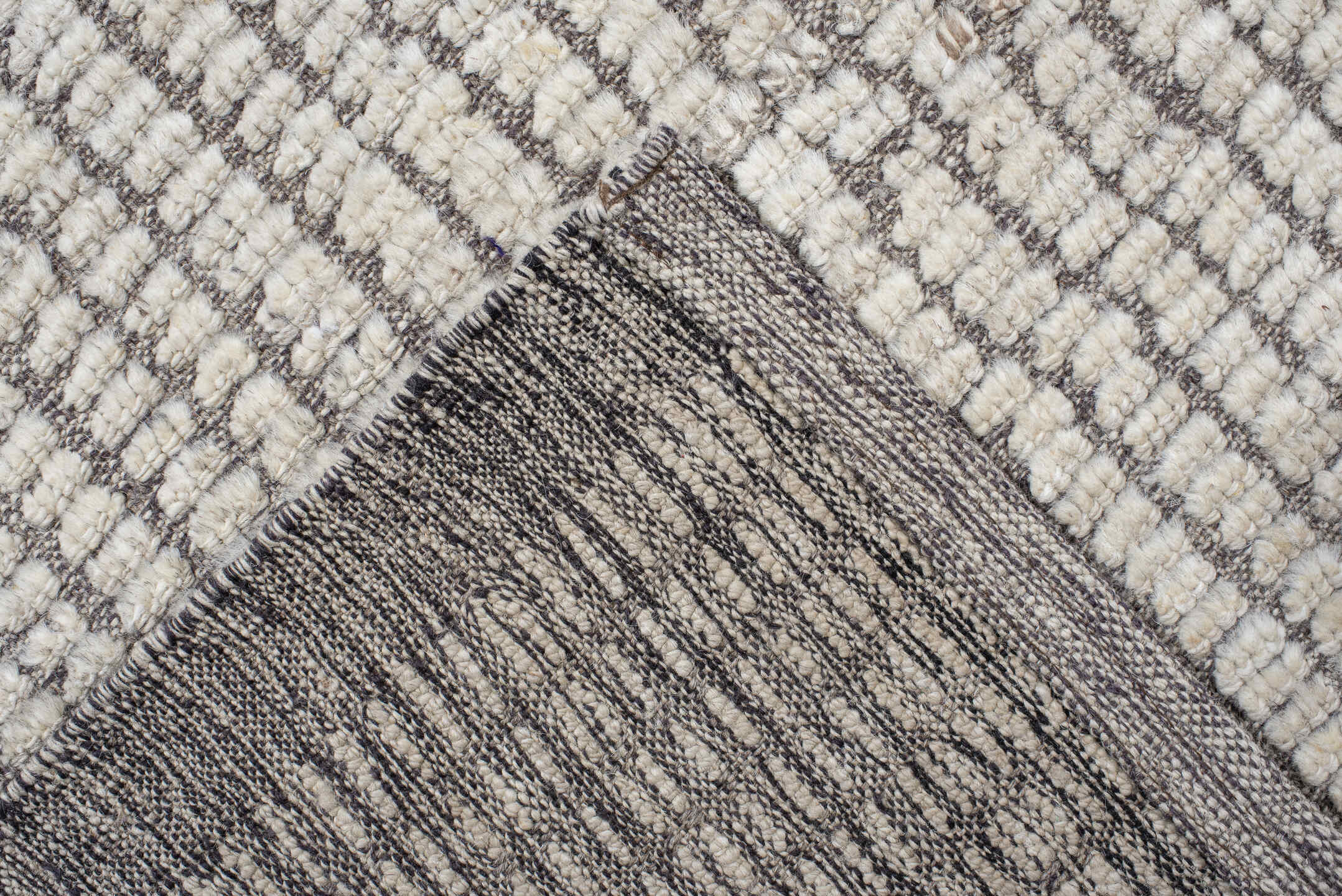 9' x 12' one-of-a-kind handmade vintage Tulu large size rug. Color palette: light gray, off-white, gray, dark gray