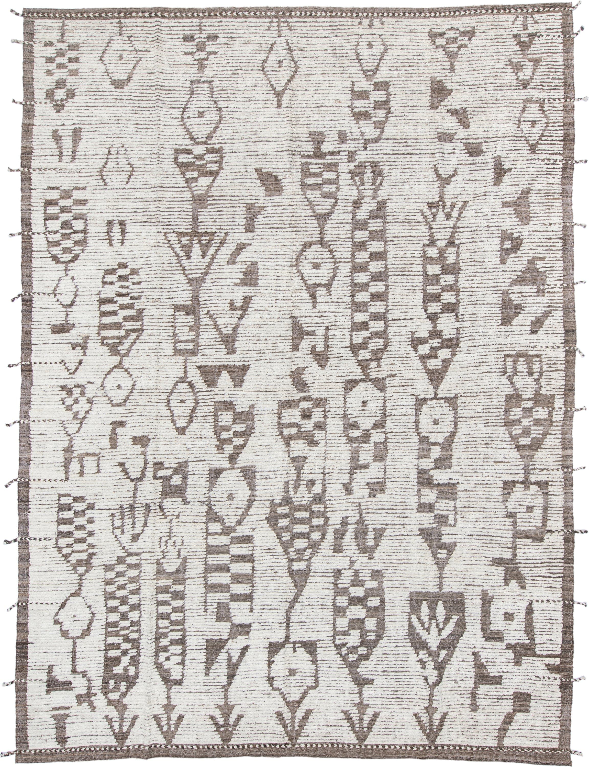 10' x 14' one-of-a-kind handmade vintage Tulu large size rug. Color palette: ivory, taupe, brown, beige, gray