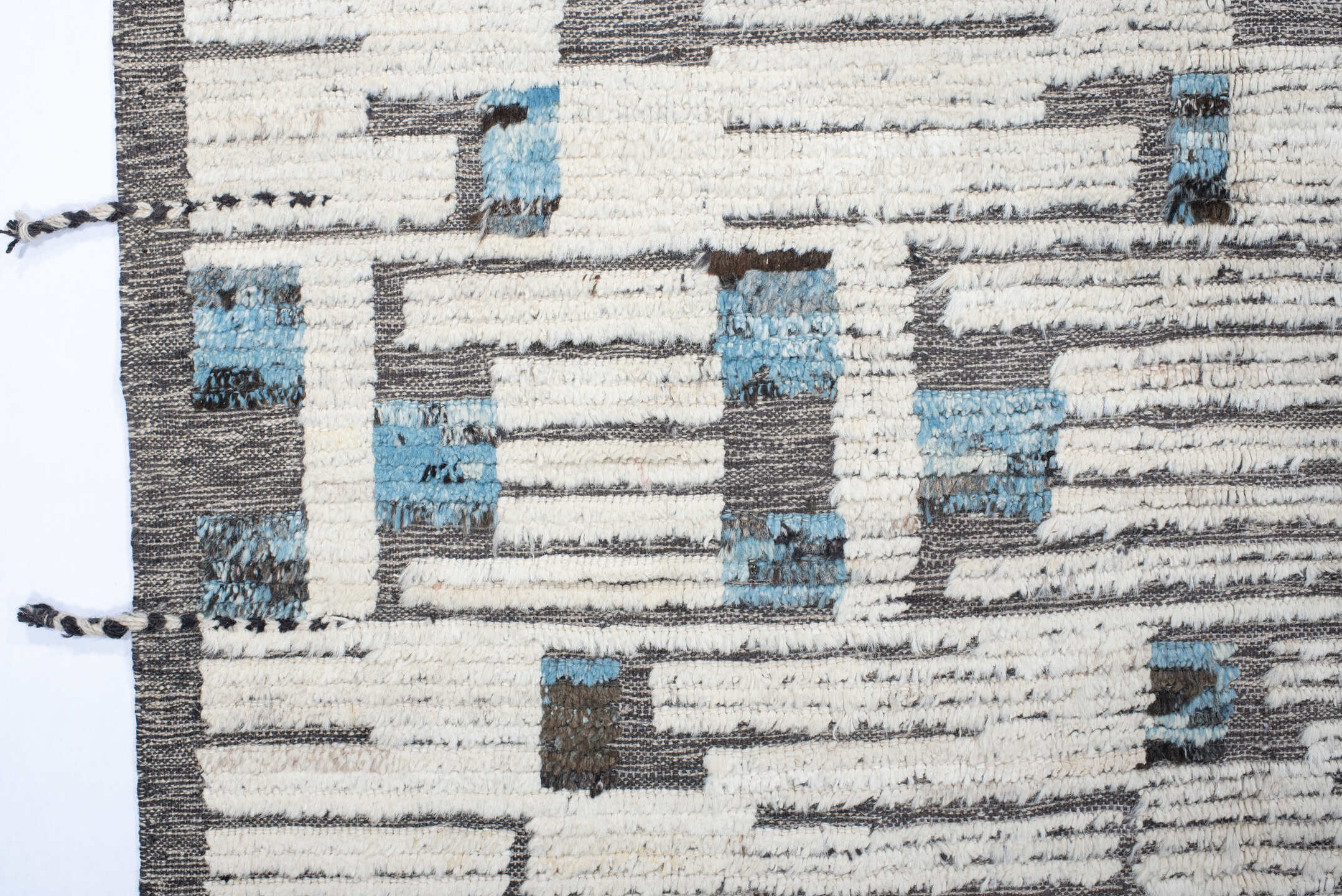 10' x 13' one-of-a-kind handmade vintage Tulu large size rug. Color palette: gray, off-white, light gray, black, light blue