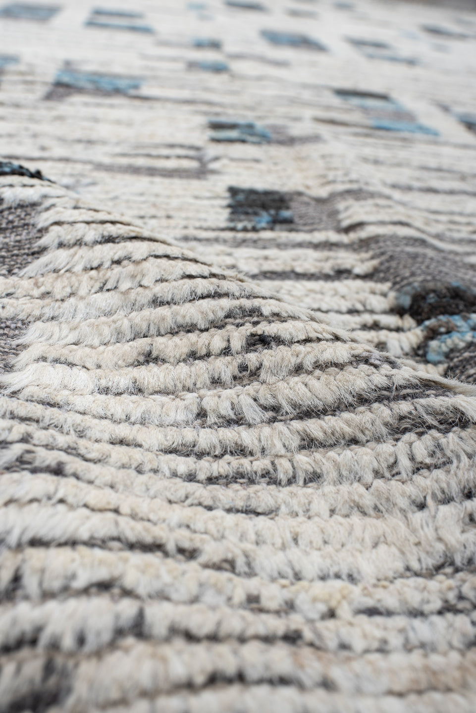 10' x 13' one-of-a-kind handmade vintage Tulu large size rug. Color palette: gray, off-white, light gray, black, light blue