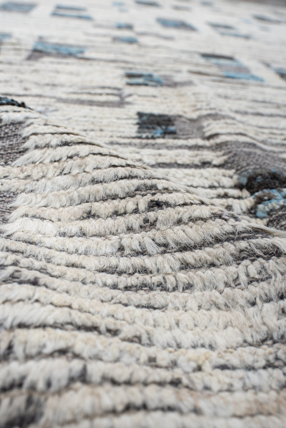 10' x 13' one-of-a-kind handmade vintage Tulu large size rug. Color palette: ivory, charcoal, turquoise, gray, black, teal