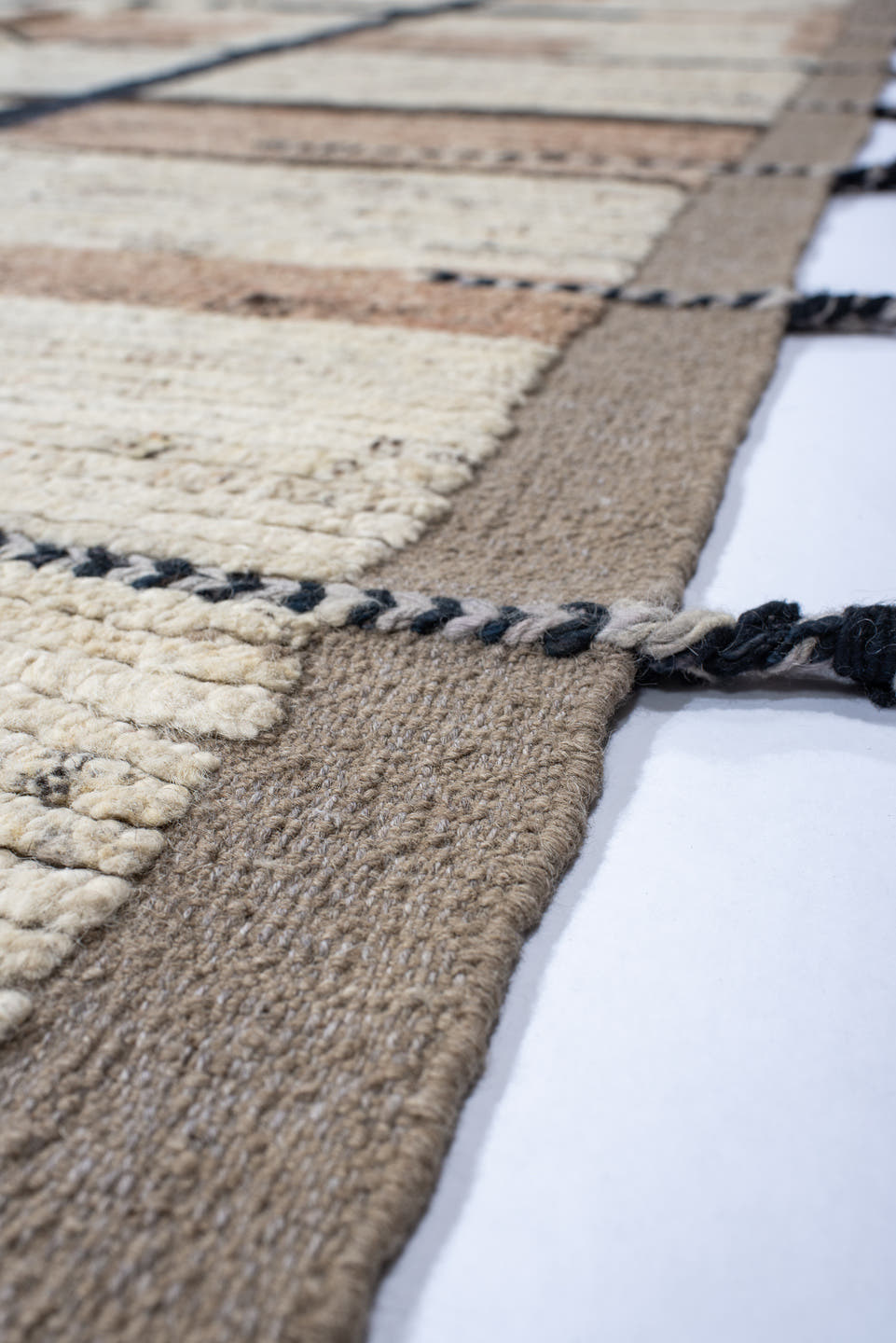11' x 12' one-of-a-kind handmade vintage Tulu oversize rug. Color palette: ivory, blush, charcoal, taupe, brown, pink, gray
