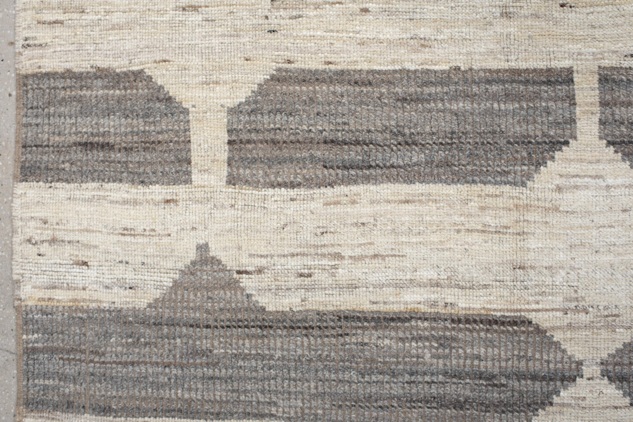 10' x 13' one-of-a-kind handmade vintage Tulu large size rug. Color palette: gray, off-white, light gray, dark gray