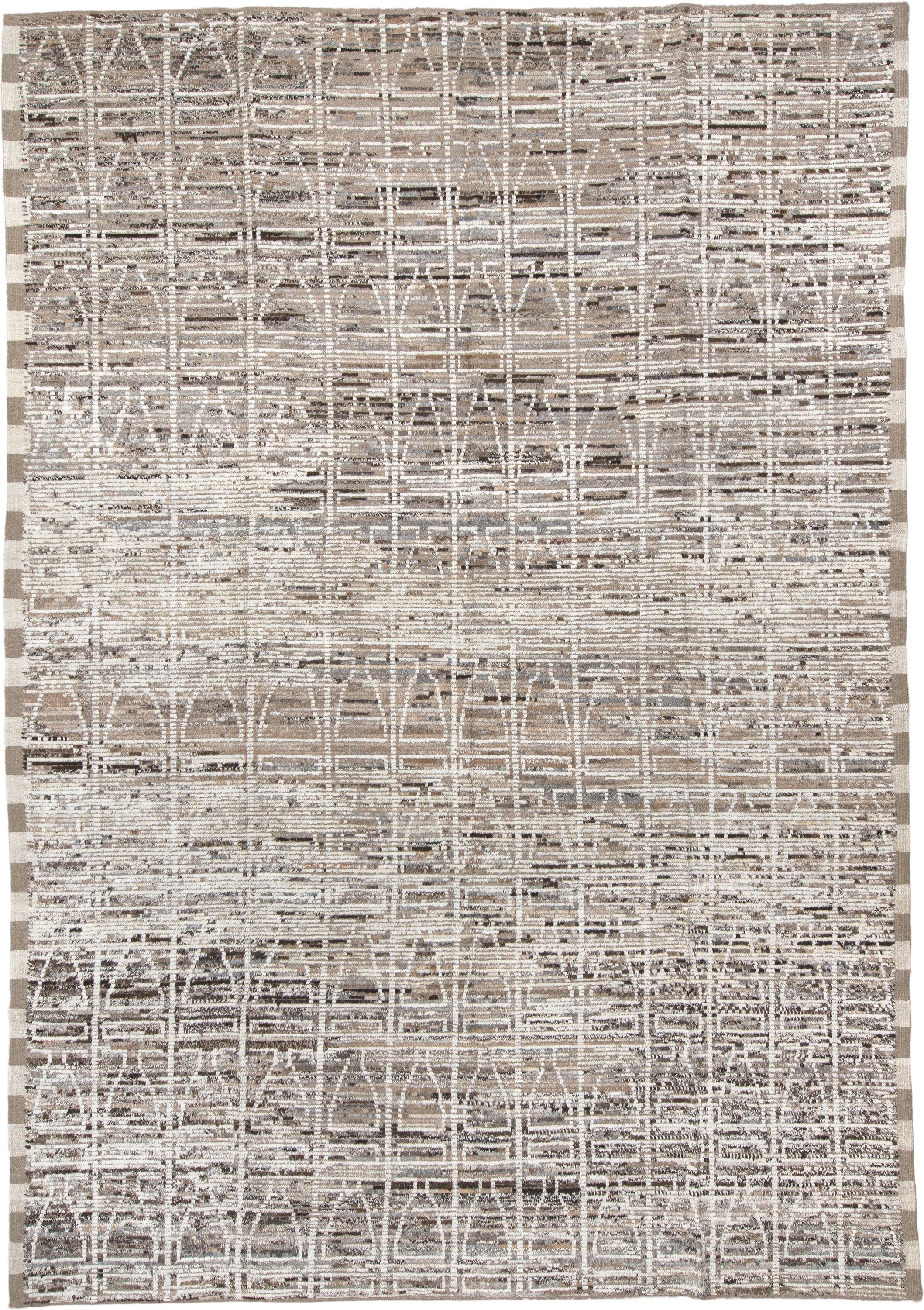 9' x 14' one-of-a-kind handmade vintage Tulu large size rug. Color palette: ivory, taupe, beige, brown, charcoal, gray
