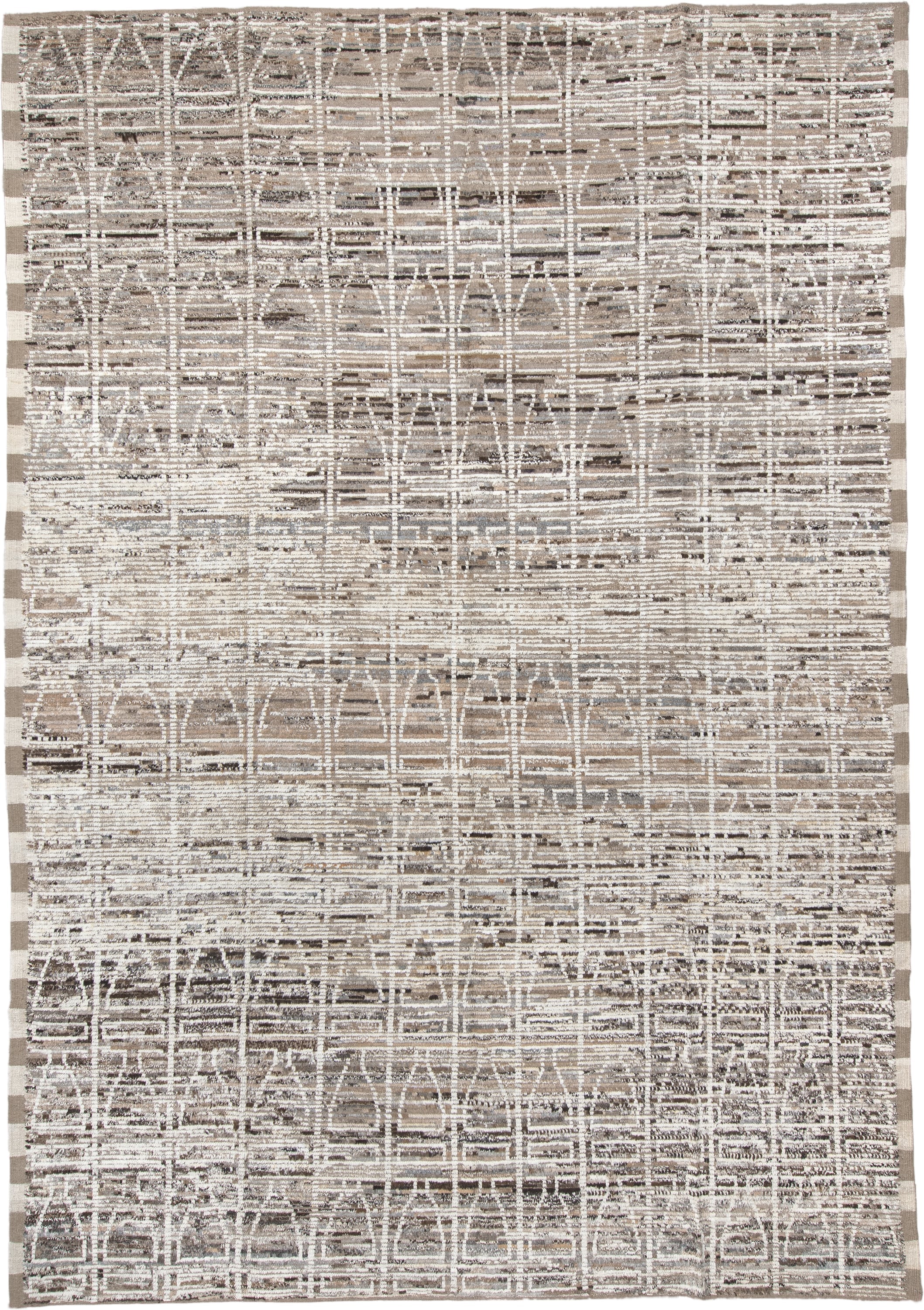 9' x 14' one-of-a-kind handmade vintage Tulu large size rug. Color palette: ivory, taupe, beige, brown, charcoal, gray