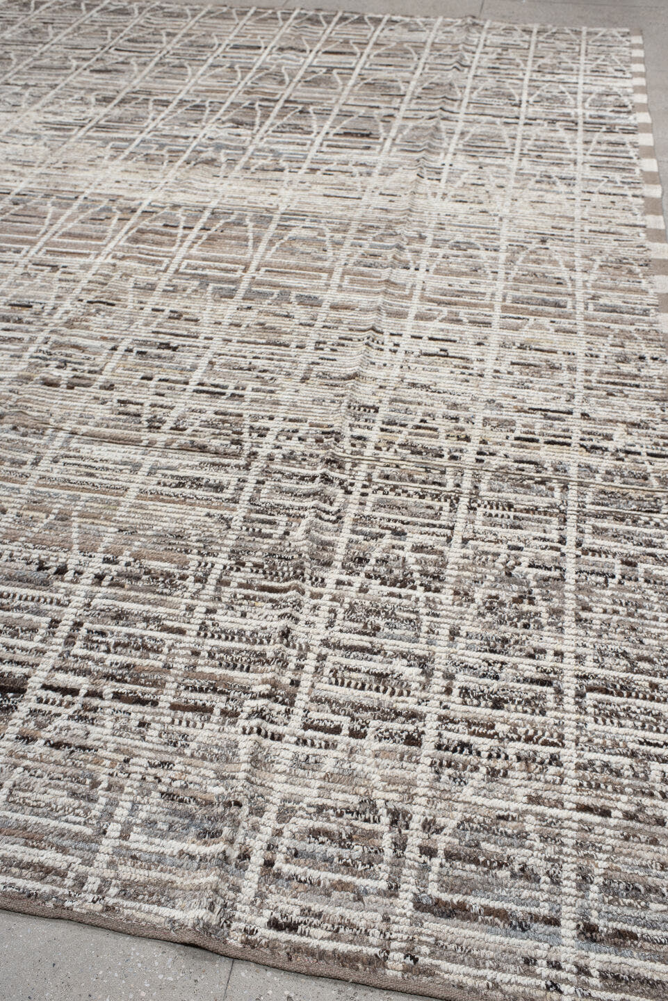 9' x 14' one-of-a-kind handmade vintage Tulu large size rug. Color palette: ivory, taupe, beige, brown, charcoal, gray