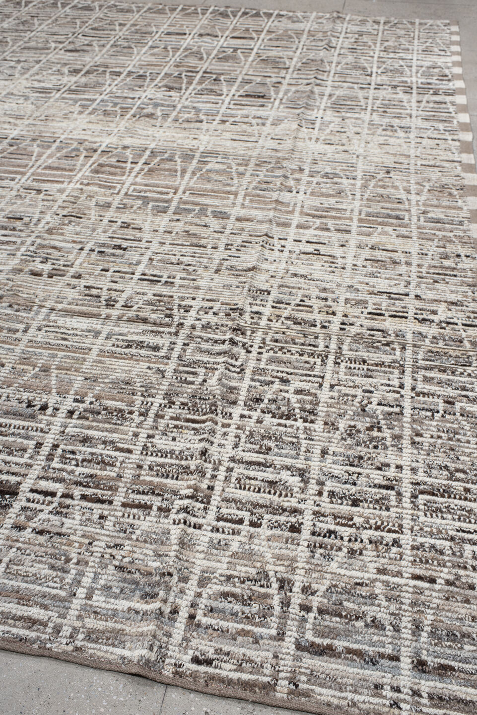 9' x 14' one-of-a-kind handmade vintage Tulu large size rug. Color palette: ivory, taupe, beige, brown, charcoal, gray