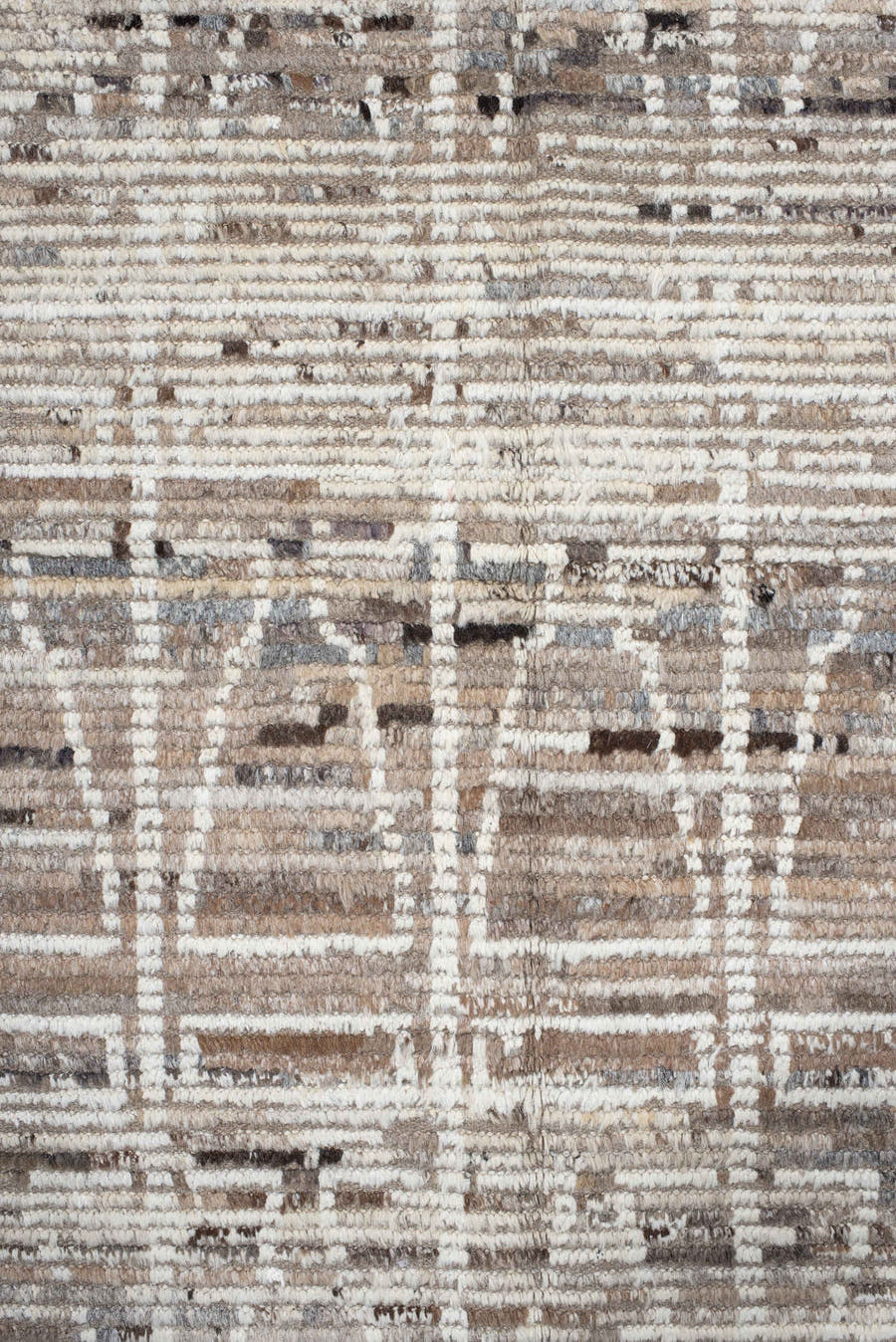 9' x 14' one-of-a-kind handmade vintage Tulu large size rug. Color palette: ivory, taupe, beige, brown, charcoal, gray