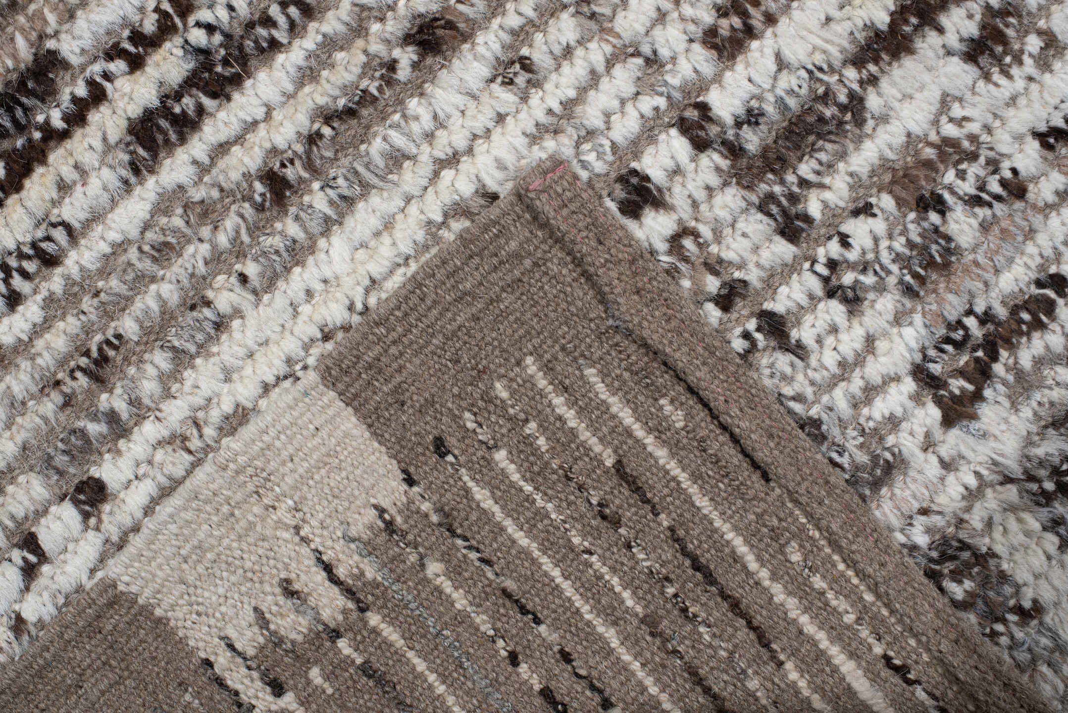 9' x 14' one-of-a-kind handmade vintage Tulu large size rug. Color palette: ivory, taupe, beige, brown, charcoal, gray
