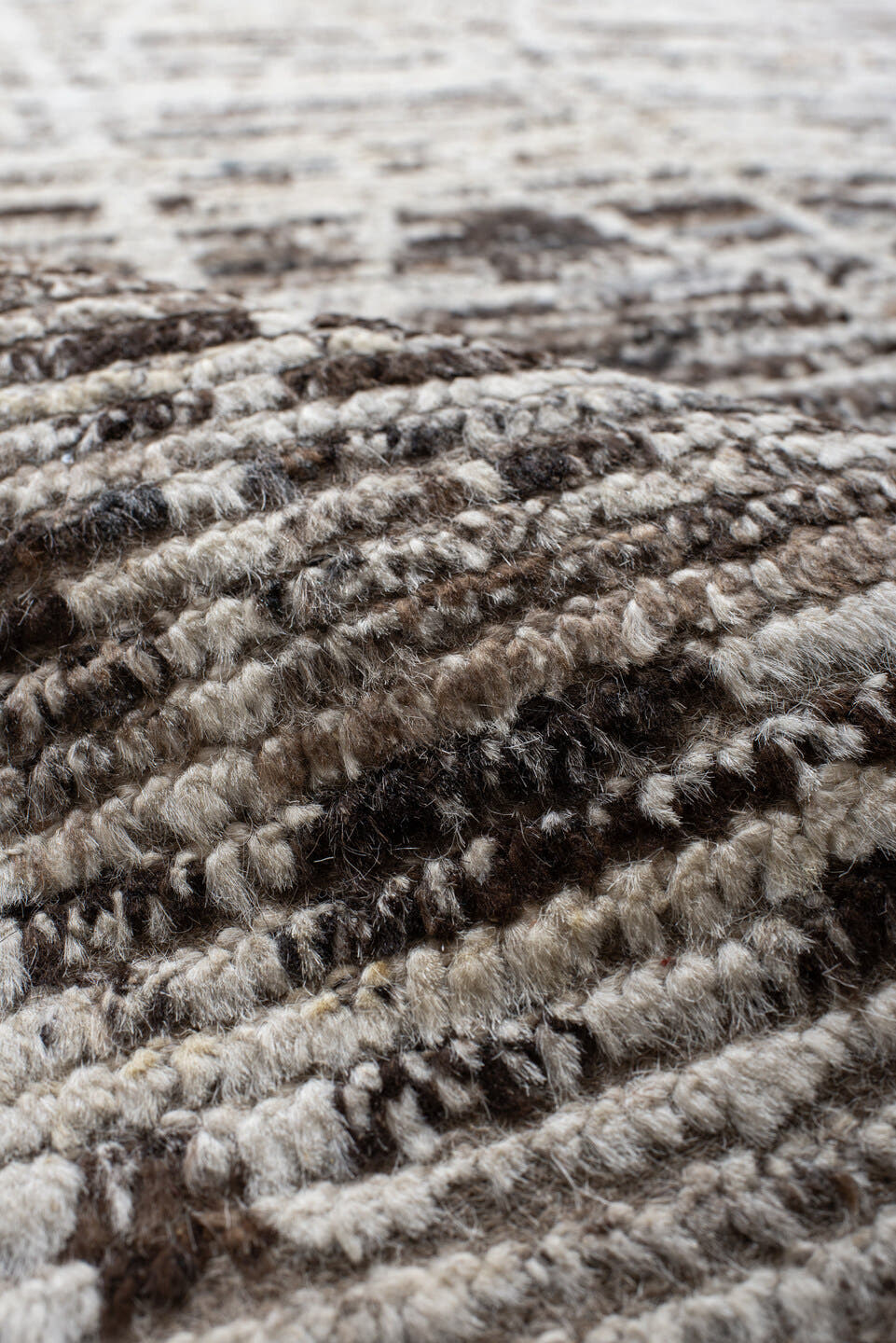 9' x 14' one-of-a-kind handmade vintage Tulu large size rug. Color palette: ivory, taupe, beige, brown, charcoal, gray