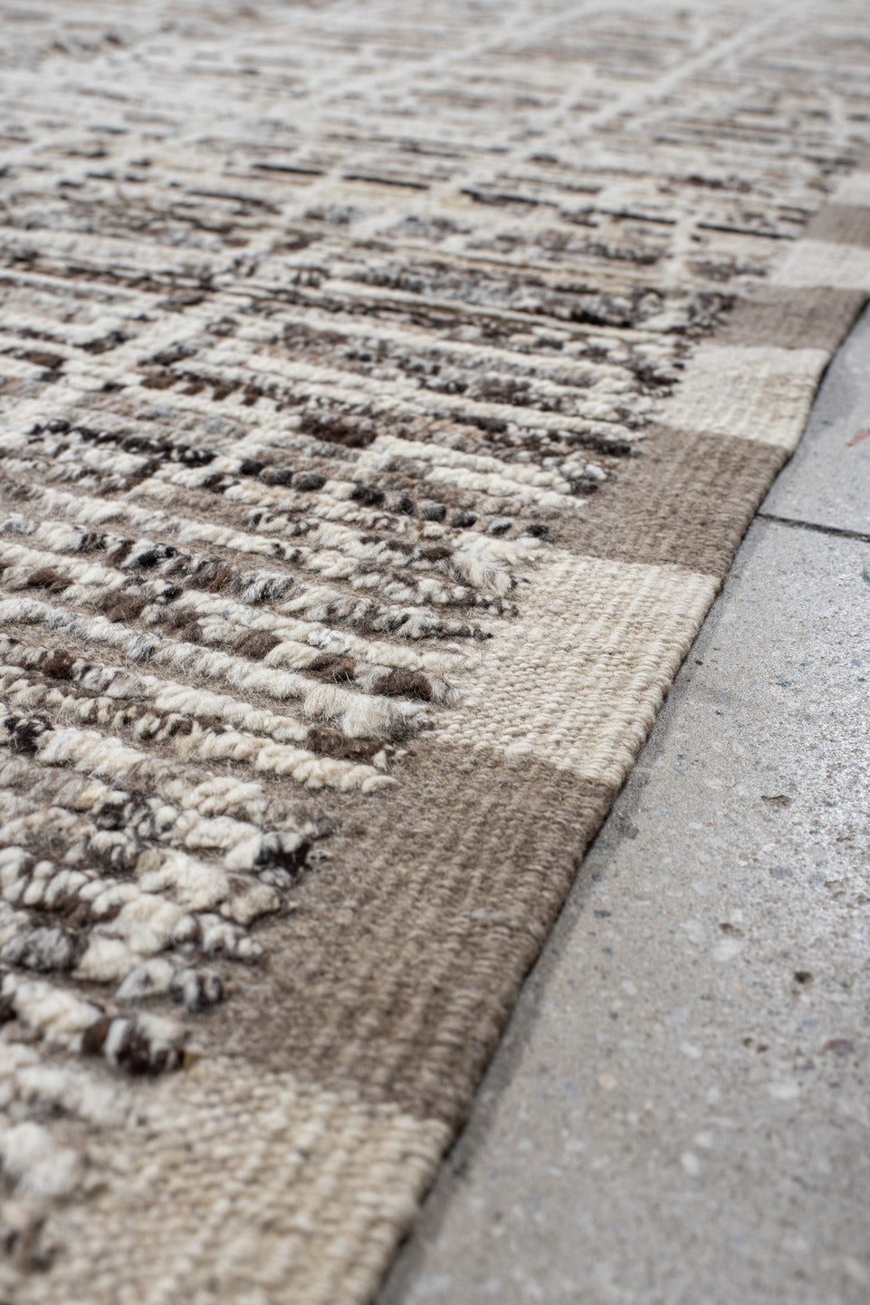 9' x 14' one-of-a-kind handmade vintage Tulu large size rug. Color palette: ivory, taupe, beige, brown, charcoal, gray