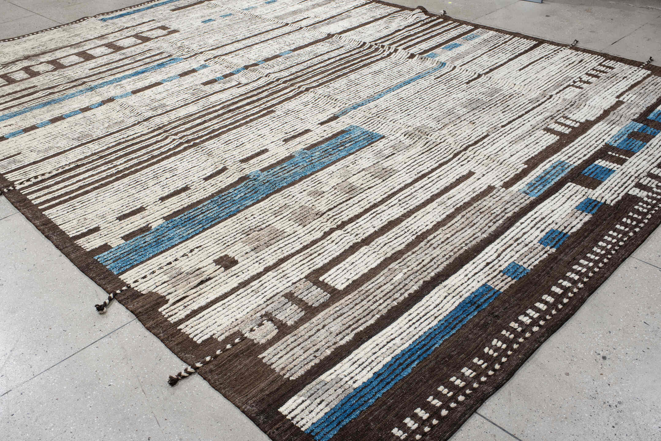 10' x 14' one-of-a-kind handmade vintage Tulu large size rug. Color palette: gray, off-white, blue, light blue, light gray