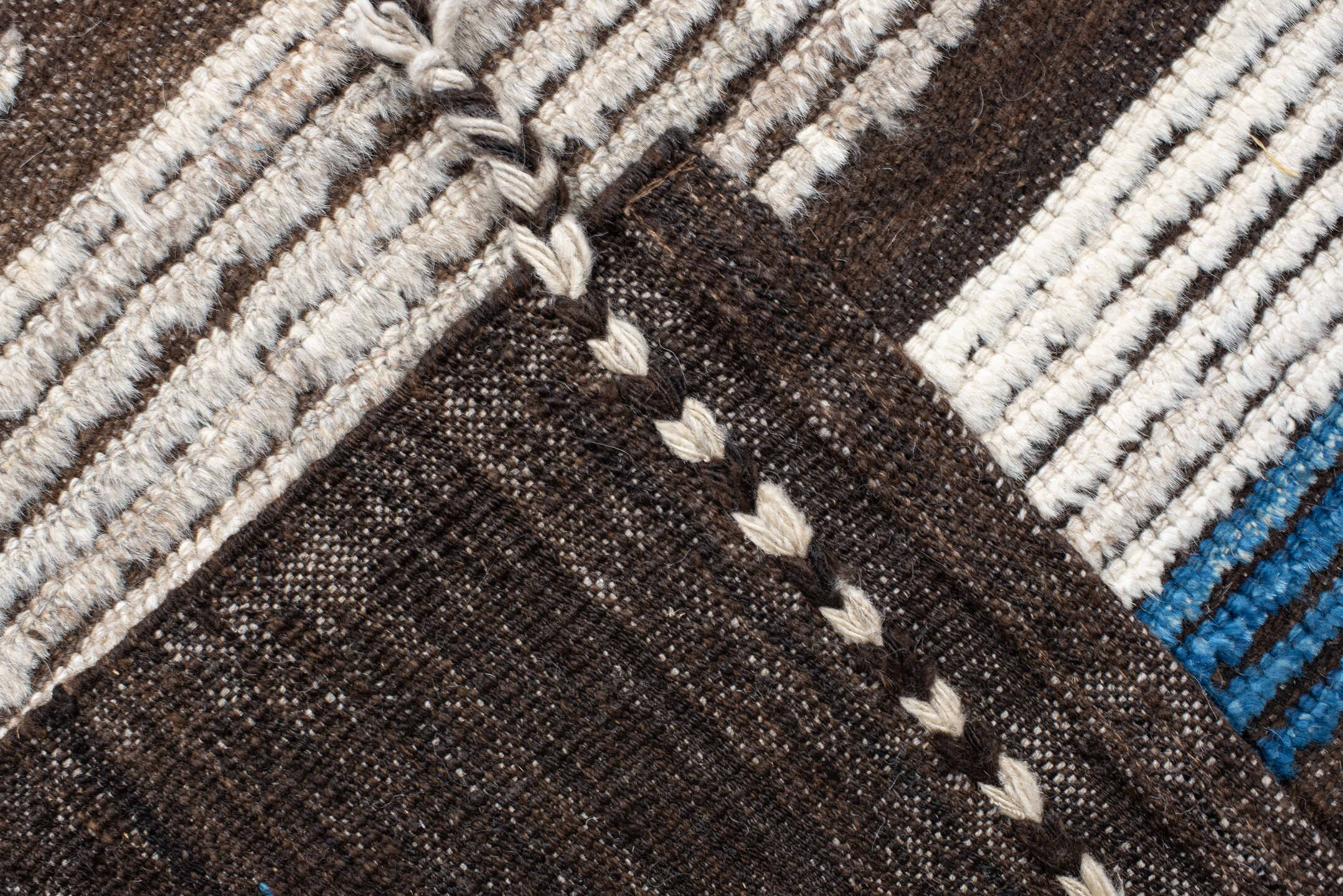 10' x 14' one-of-a-kind handmade vintage Tulu large size rug. Color palette: gray, off-white, blue, light blue, light gray