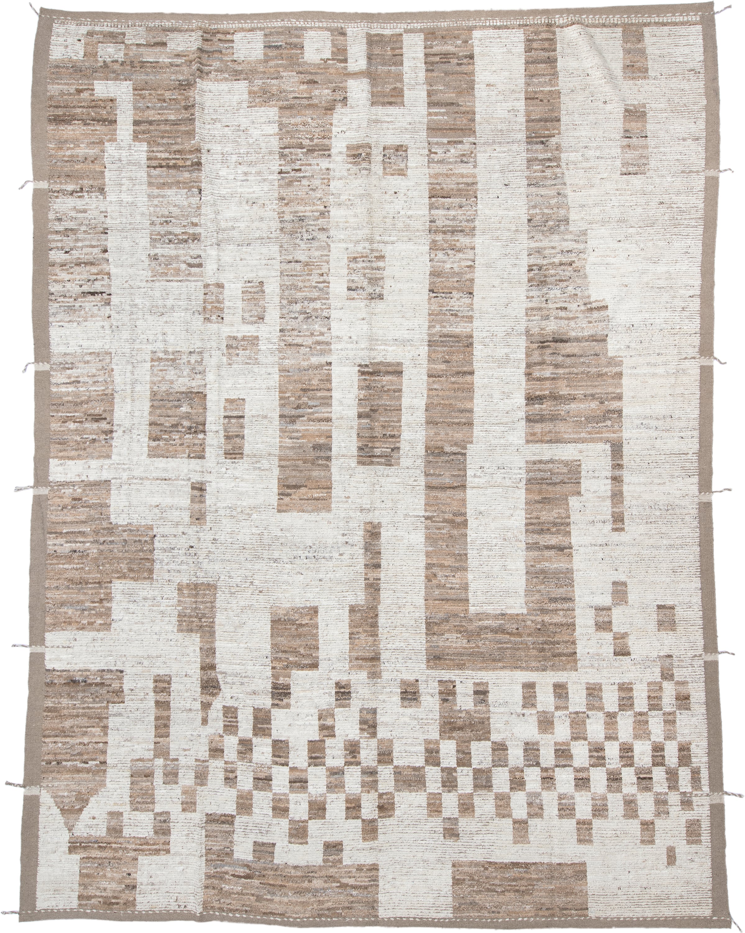 10' x 14' one-of-a-kind handmade vintage Tulu large size rug. Color palette: ivory, taupe, beige, camel, cream, gray