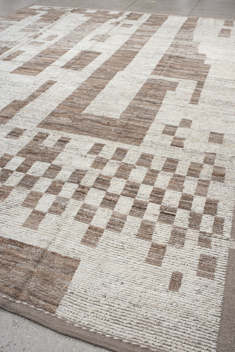 10' x 14' one-of-a-kind handmade vintage Tulu large size rug. Color palette: ivory, taupe, beige, camel, cream, gray