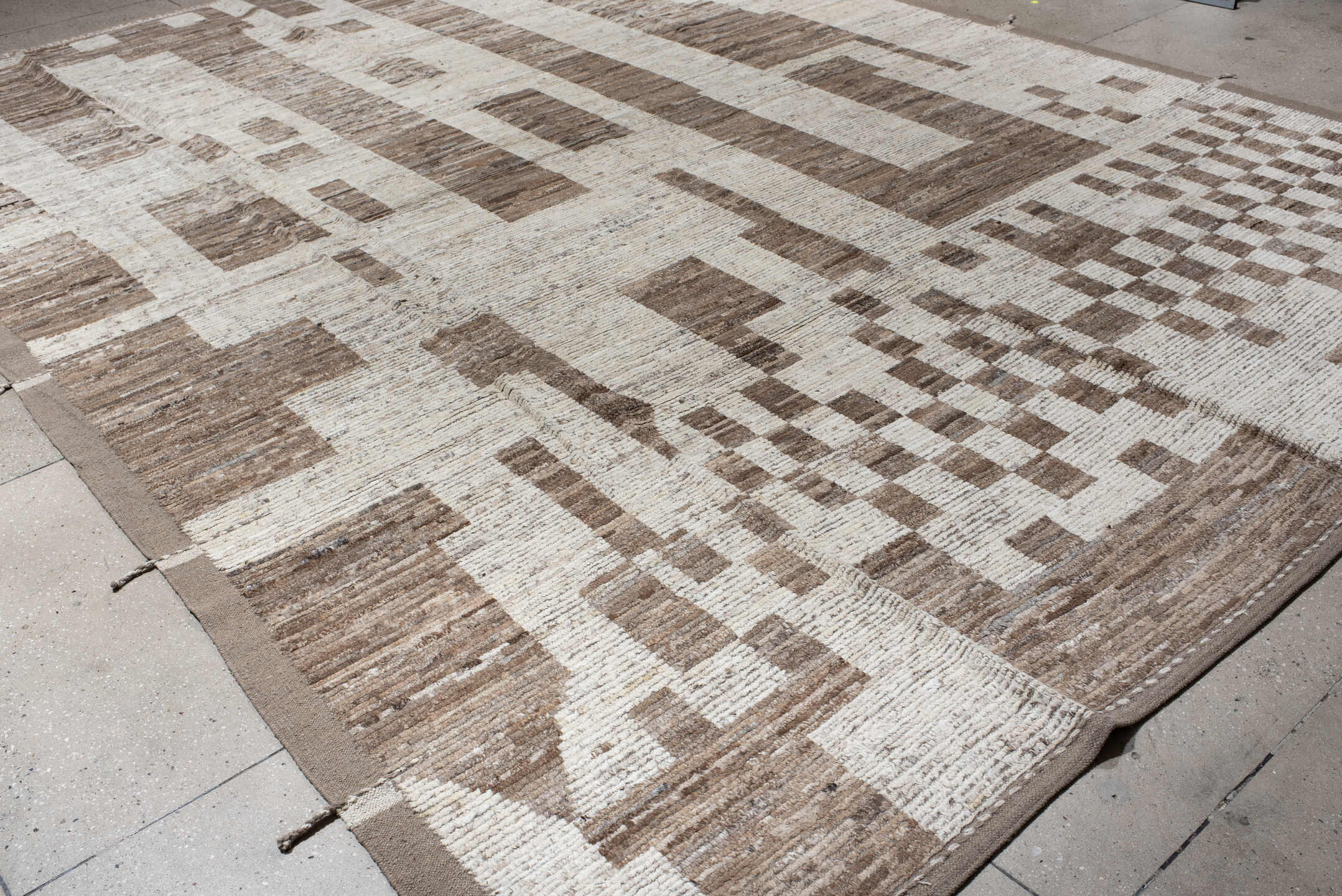 10' x 14' one-of-a-kind handmade vintage Tulu large size rug. Color palette: ivory, taupe, beige, camel, cream, gray