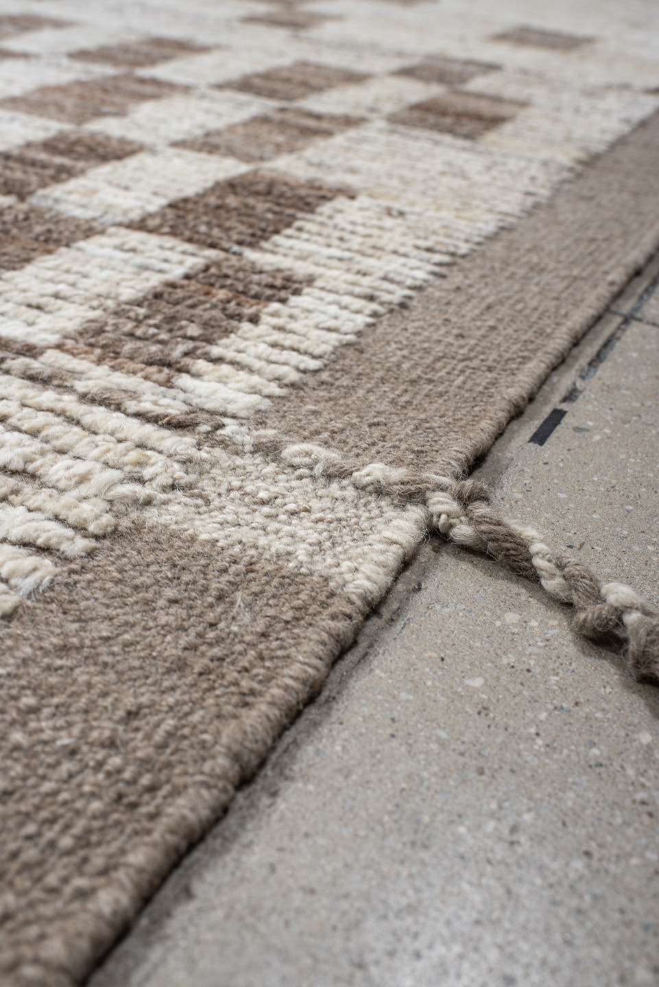 10' x 14' one-of-a-kind handmade vintage Tulu large size rug. Color palette: ivory, taupe, beige, camel, cream, gray