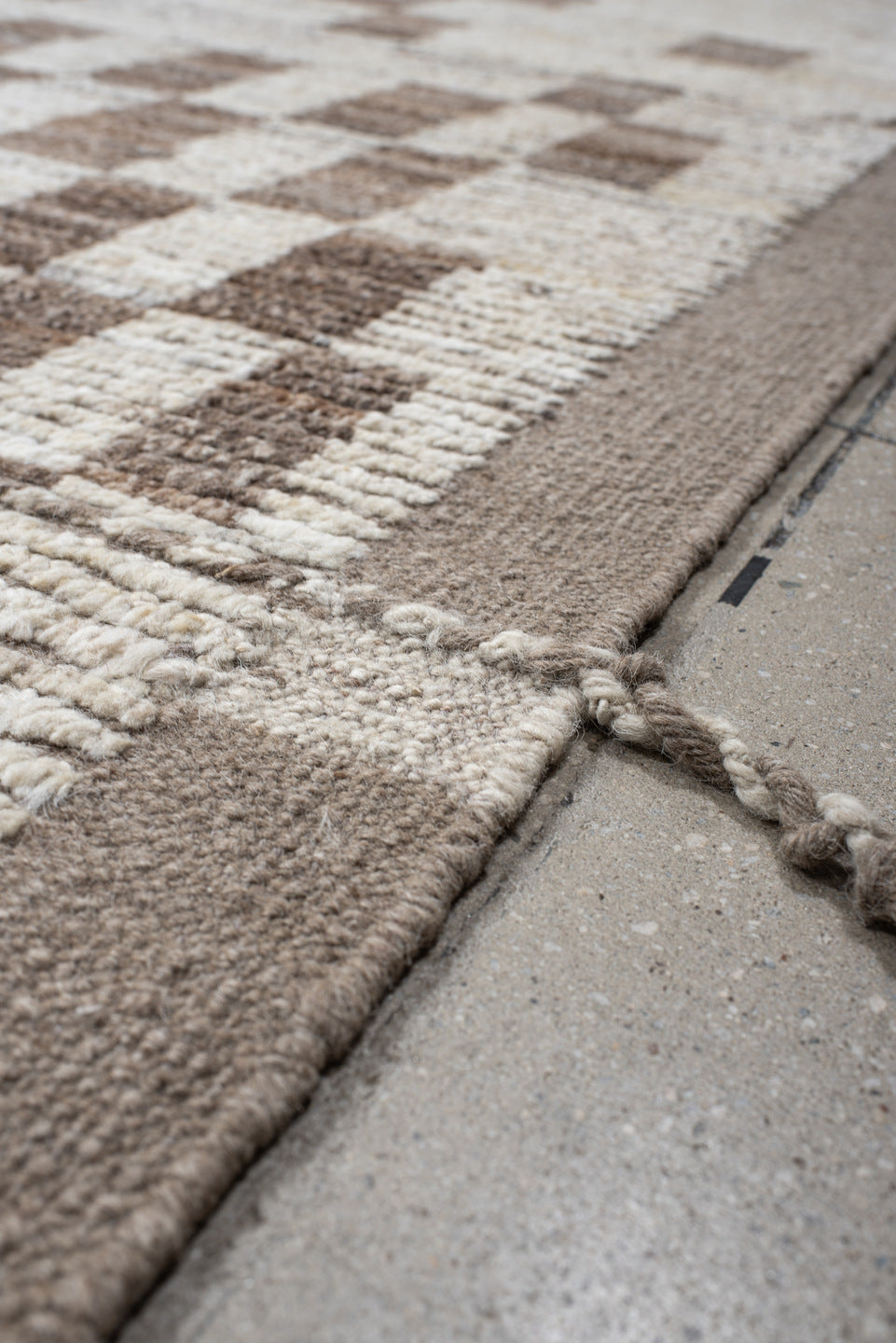 10' x 14' one-of-a-kind handmade vintage Tulu large size rug. Color palette: ivory, taupe, beige, camel, cream, gray