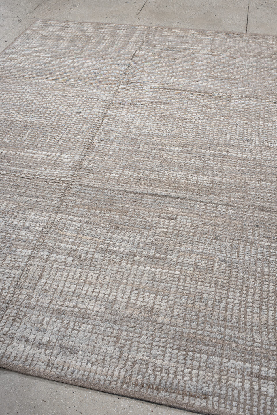6' x 9' one-of-a-kind handmade vintage Tulu medium size rug. Color palette: ivory, taupe, beige, cream, light gray, gray
