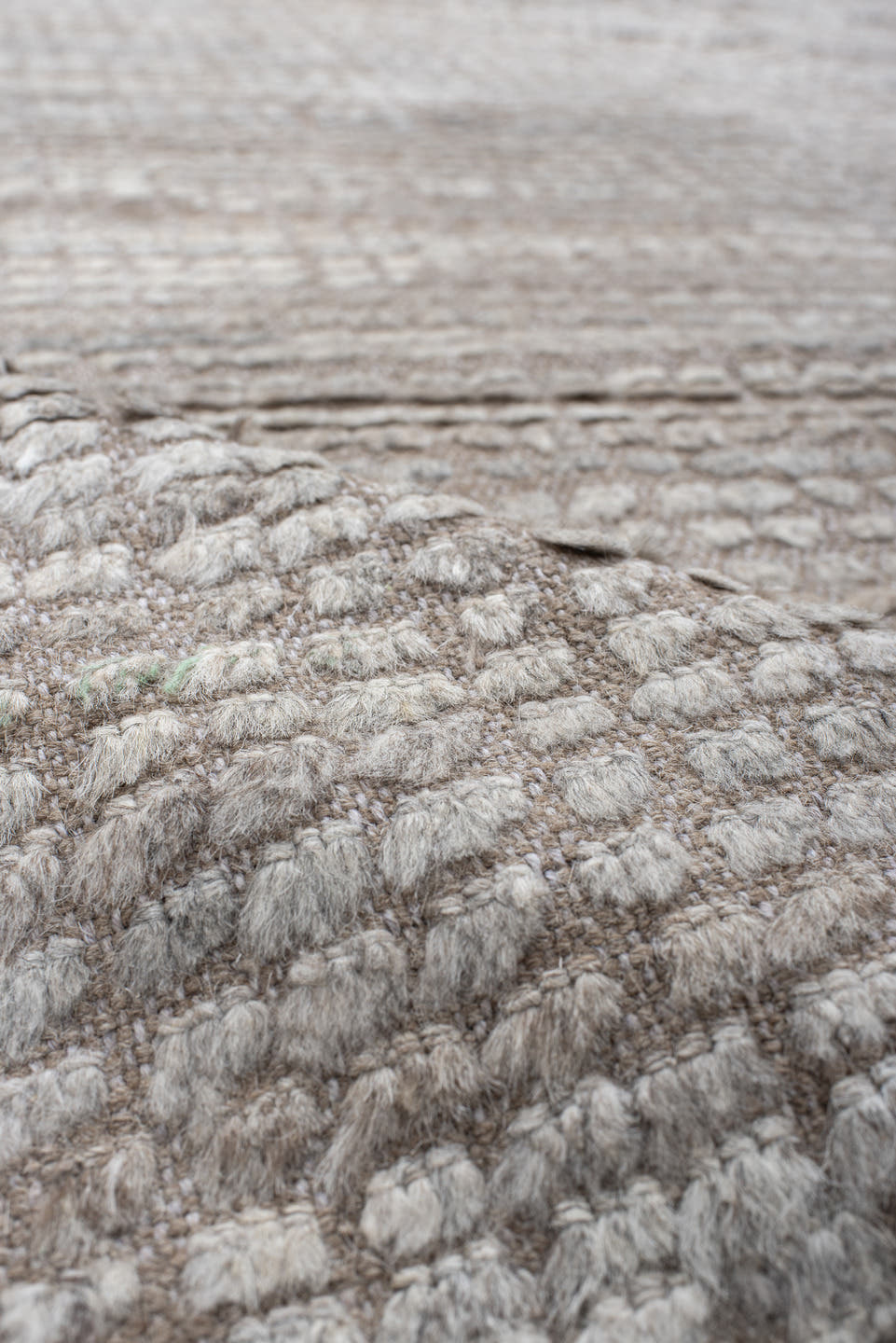 6' x 9' one-of-a-kind handmade vintage Tulu medium size rug. Color palette: ivory, taupe, beige, cream, light gray, gray