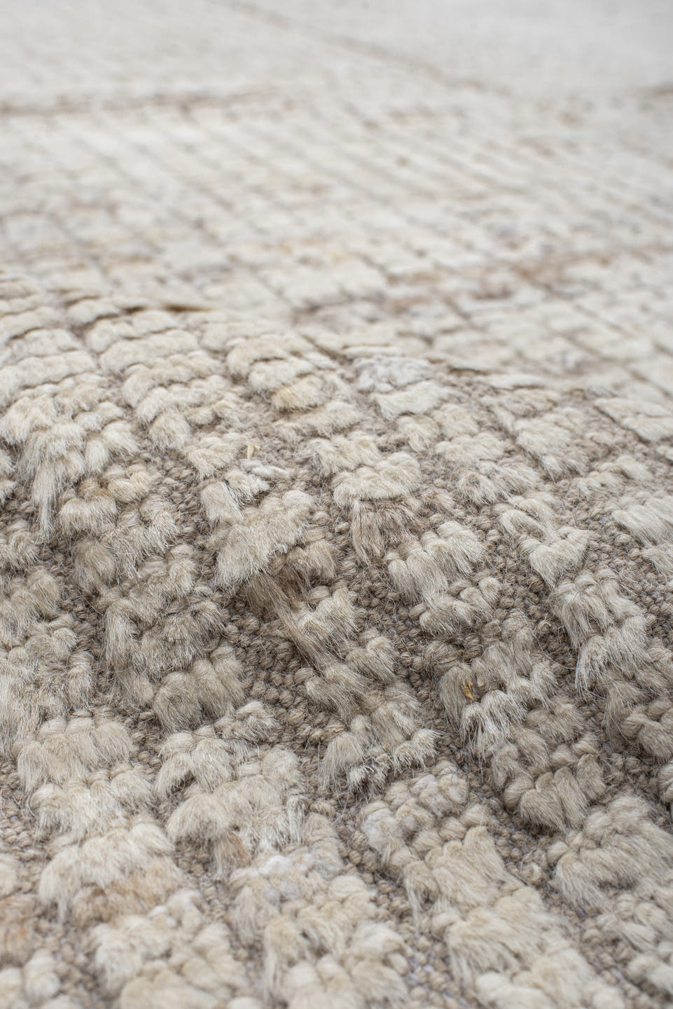 12' x 12' one-of-a-kind handmade vintage Tulu oversize rug. Color palette: ivory, beige, taupe, cream, gray
