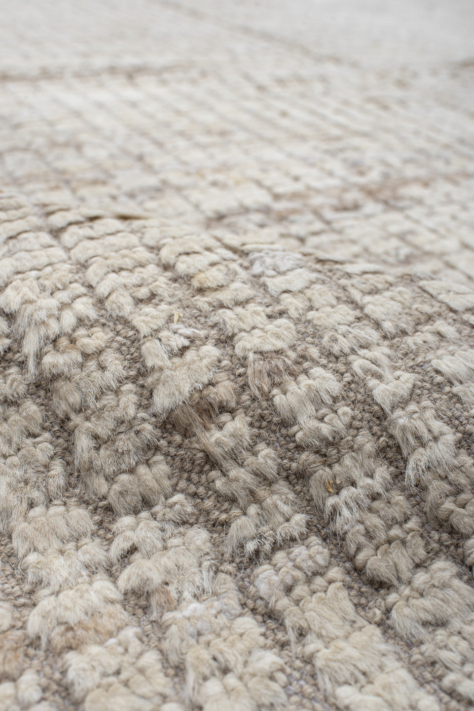 12' x 12' one-of-a-kind handmade vintage Tulu oversize rug. Color palette: ivory, beige, taupe, cream, gray