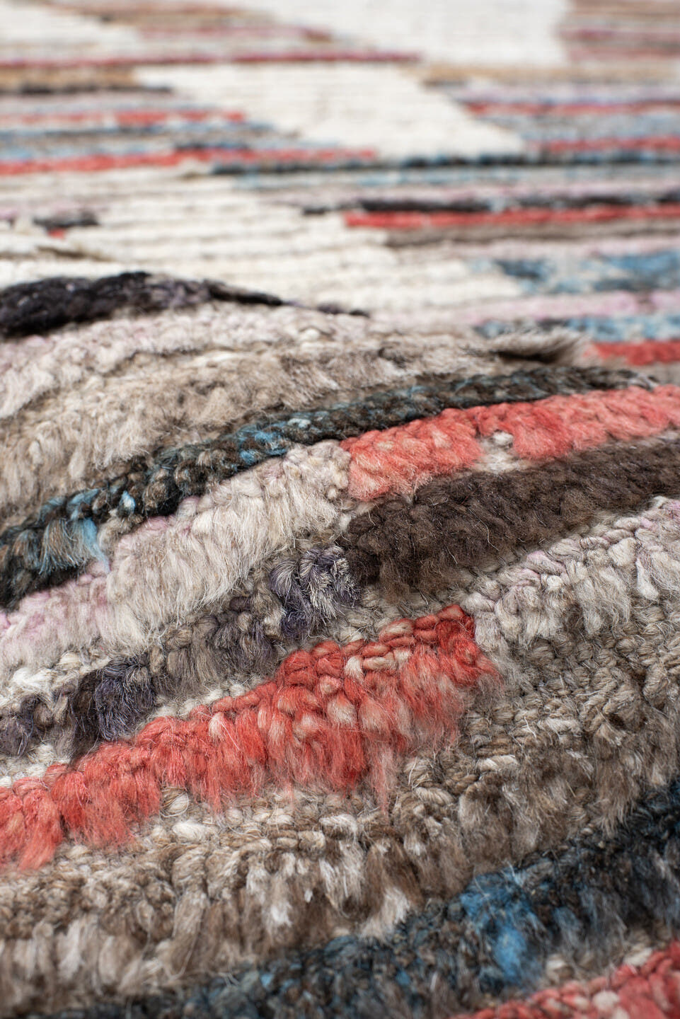 3' x 8' one-of-a-kind handmade vintage Tulu runner rug. Color palette: ivory, taupe, sky blue, rust, charcoal, camel, gray