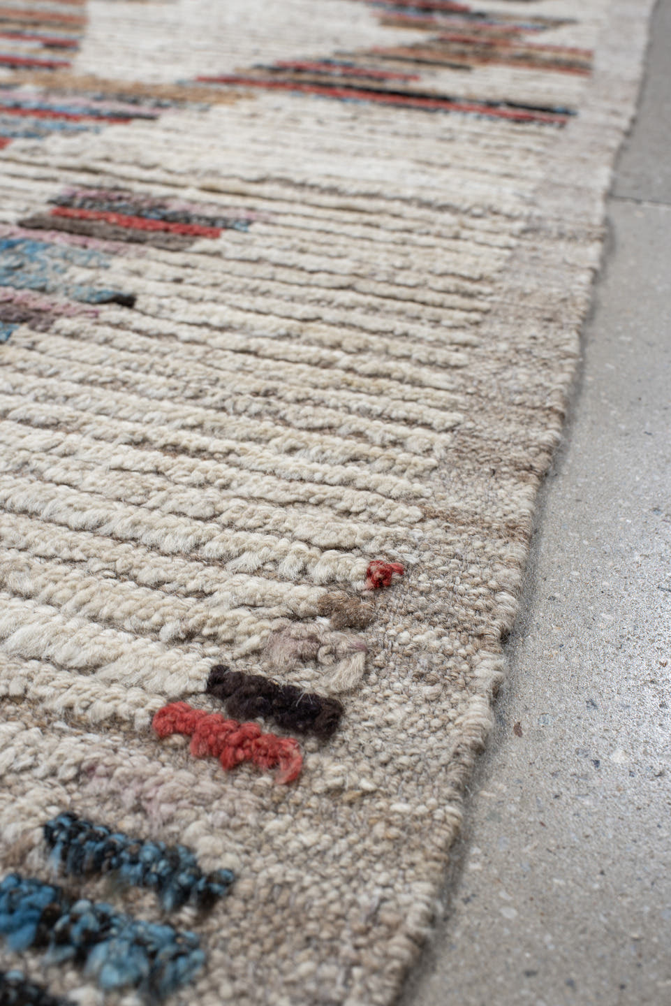 3' x 8' one-of-a-kind handmade vintage Tulu runner rug. Color palette: ivory, taupe, sky blue, rust, charcoal, camel, gray