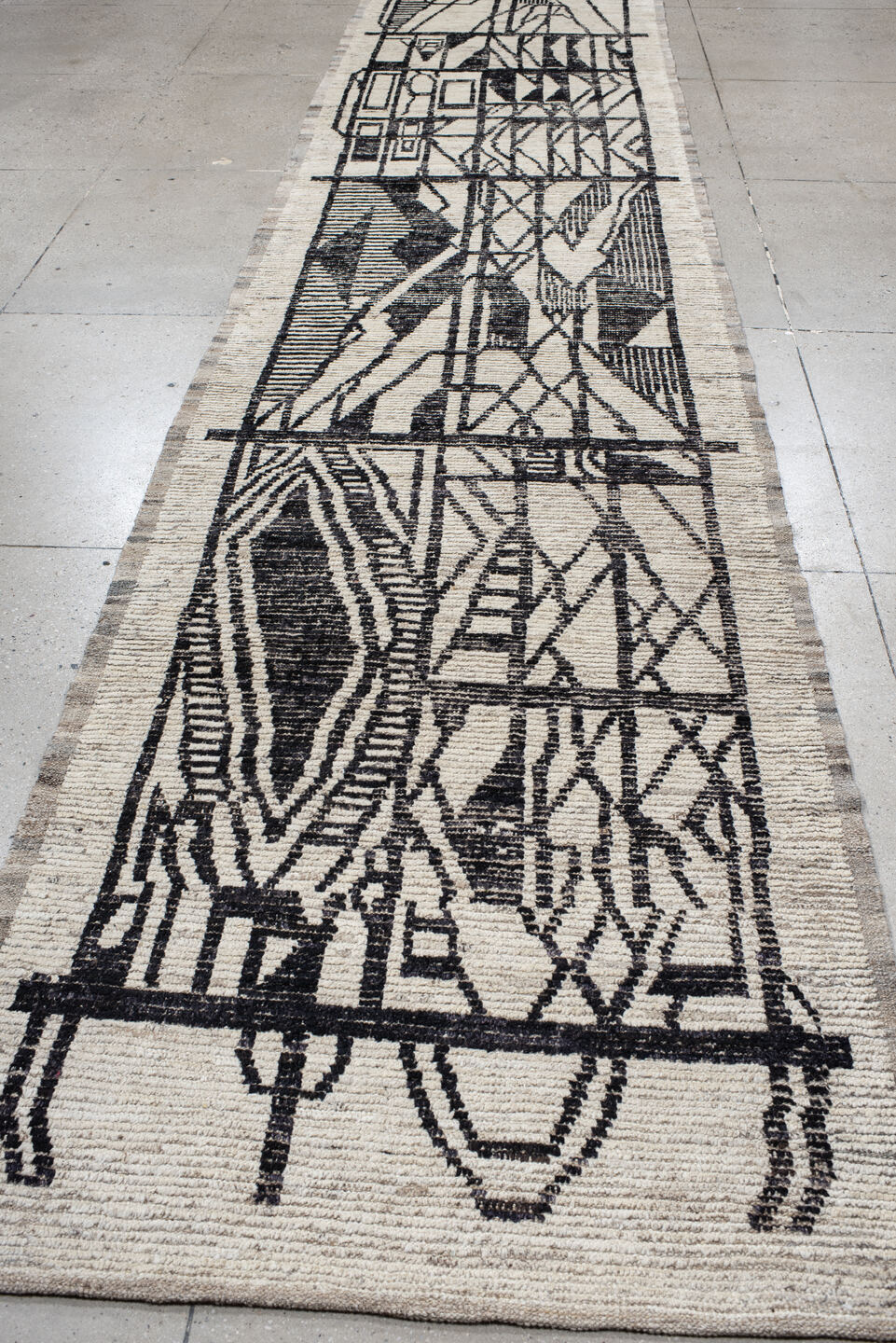 4' x 20' one-of-a-kind handmade vintage Tulu runner rug. Color palette: ivory, charcoal, taupe, gray, black, beige