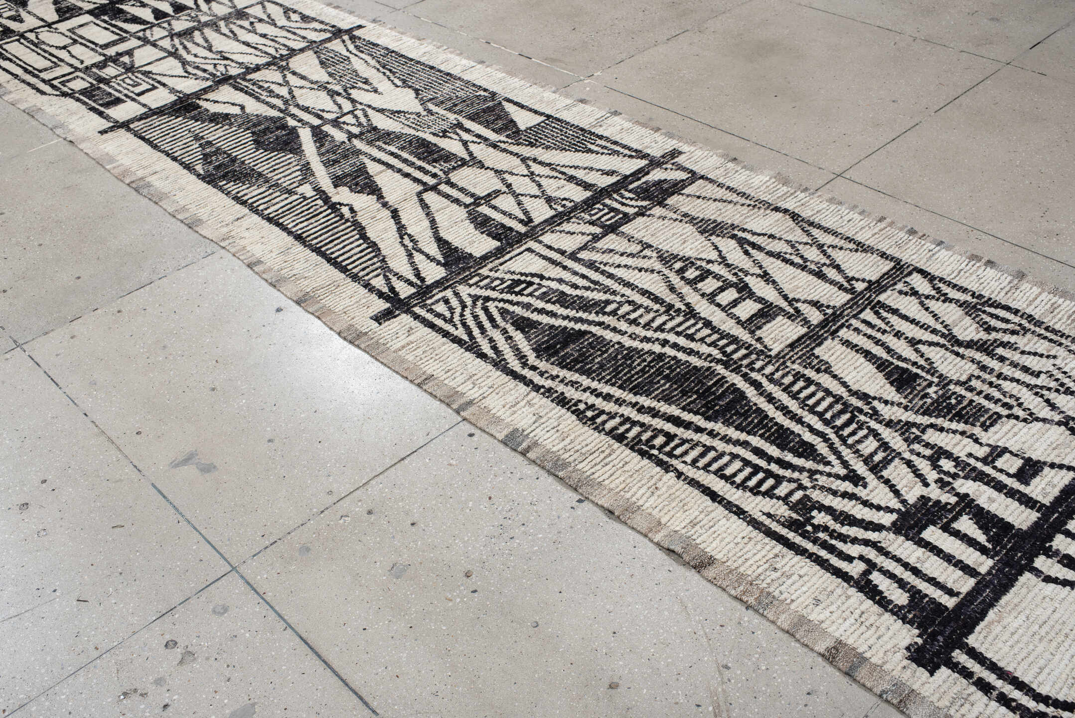 4' x 20' one-of-a-kind handmade vintage Tulu runner rug. Color palette: ivory, charcoal, taupe, gray, black, beige