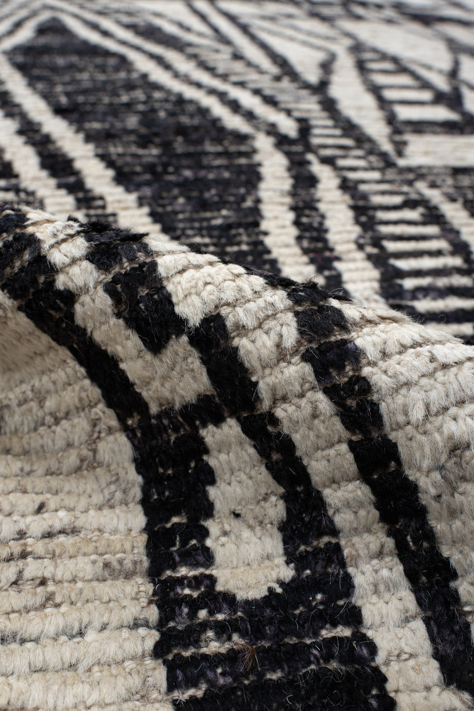 4' x 20' one-of-a-kind handmade vintage Tulu runner rug. Color palette: ivory, charcoal, taupe, gray, black, beige