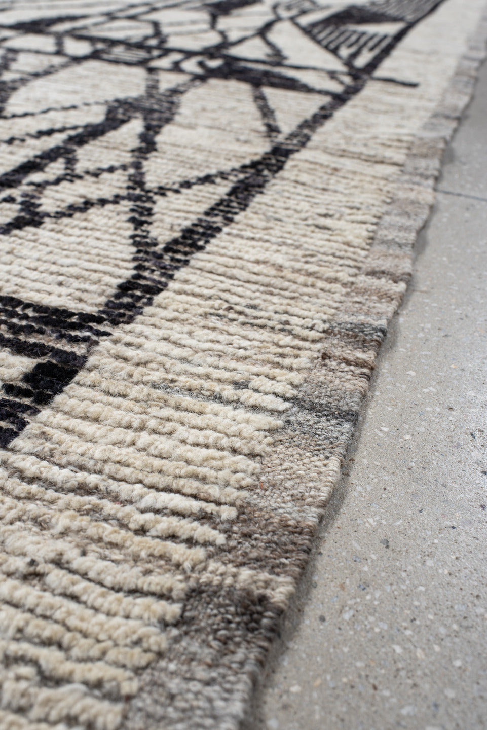 4' x 20' one-of-a-kind handmade vintage Tulu runner rug. Color palette: ivory, charcoal, taupe, gray, black, beige